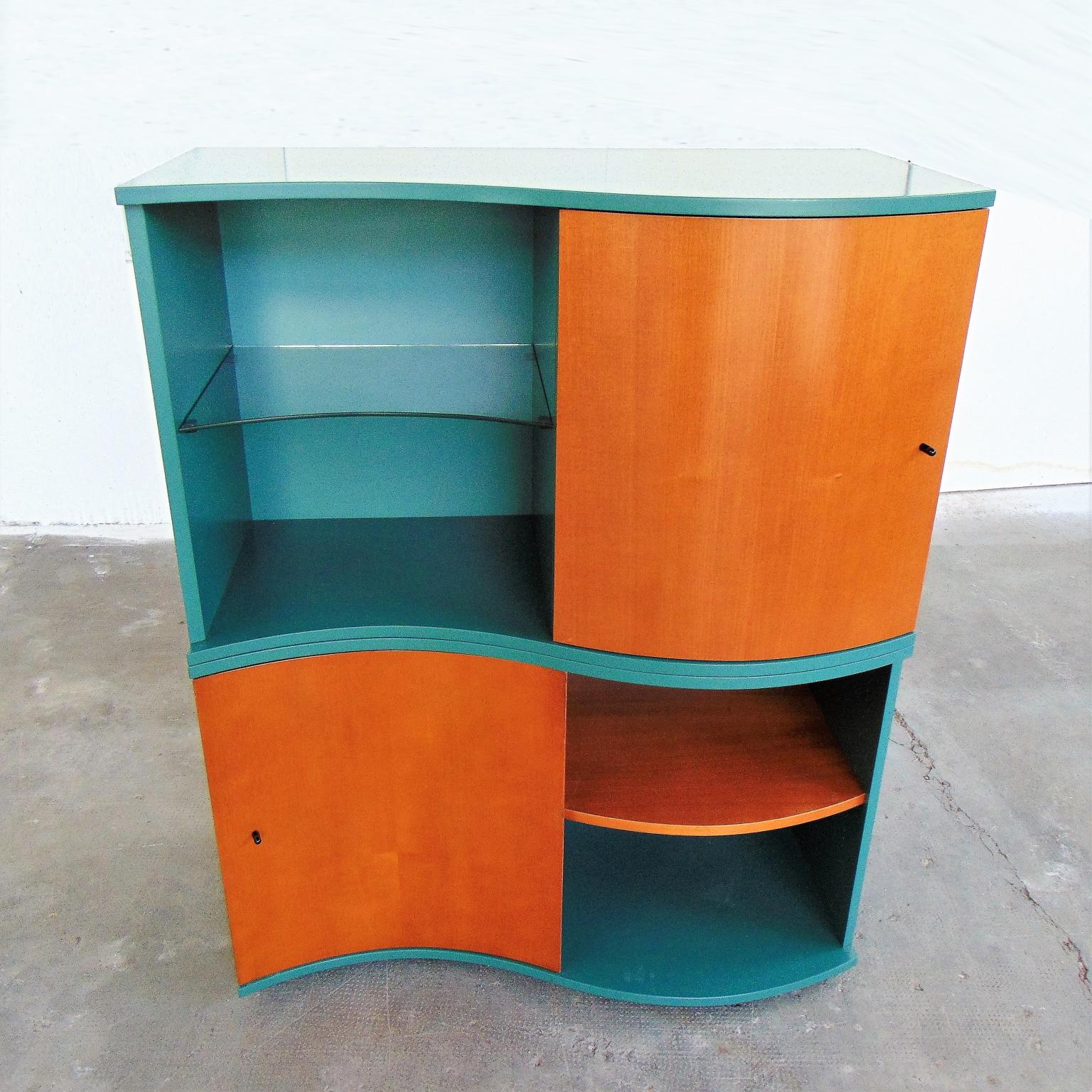 Lacquered 1990 Green and Stained Cherrywood Bookshelf for Roche Bobois by Sormani, Italy For Sale