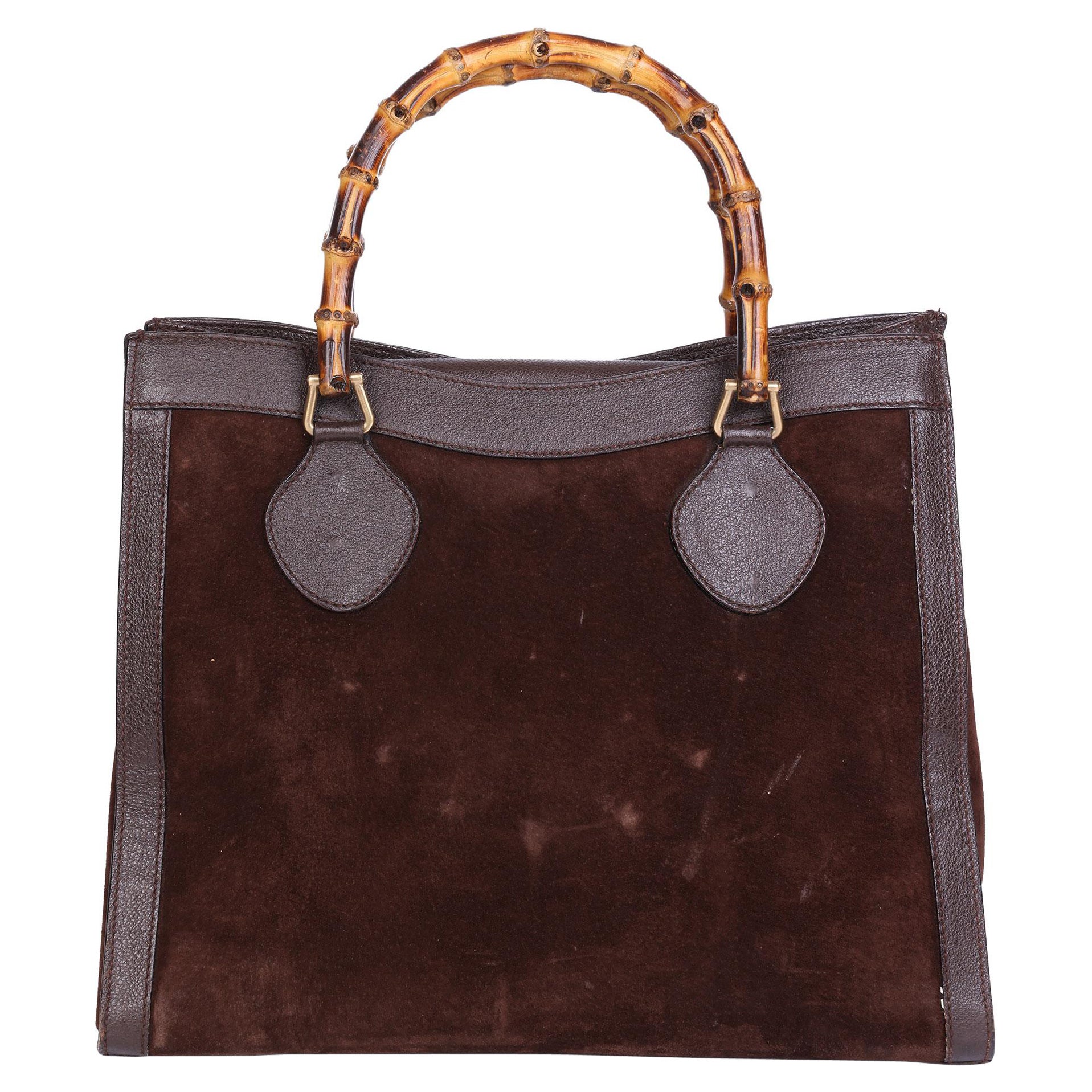 1990 Gucci Braunes Schweinsleder & Wildleder Vintage Bambus Tote