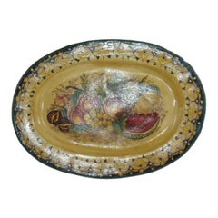 1990 Hand-Painted Italian Faience Oval Plate with Fruit and Floral Still Life