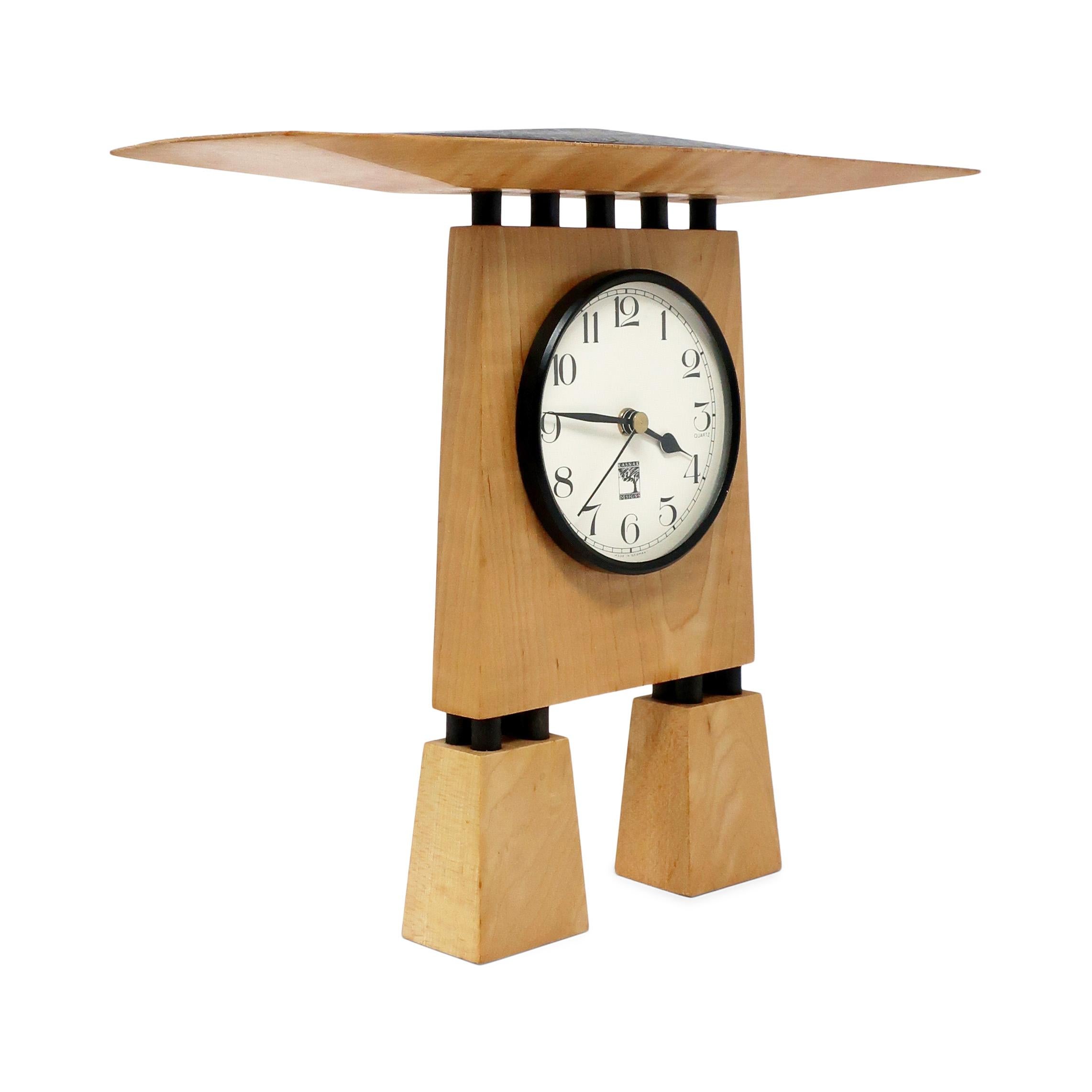 Postmoderne Horloge de cheminée en bois faite à la main par Kasnak Designs, 1990 en vente