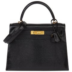 1990 Hermès Black Lizard Leather Vintage Kelly 28cm Sellier