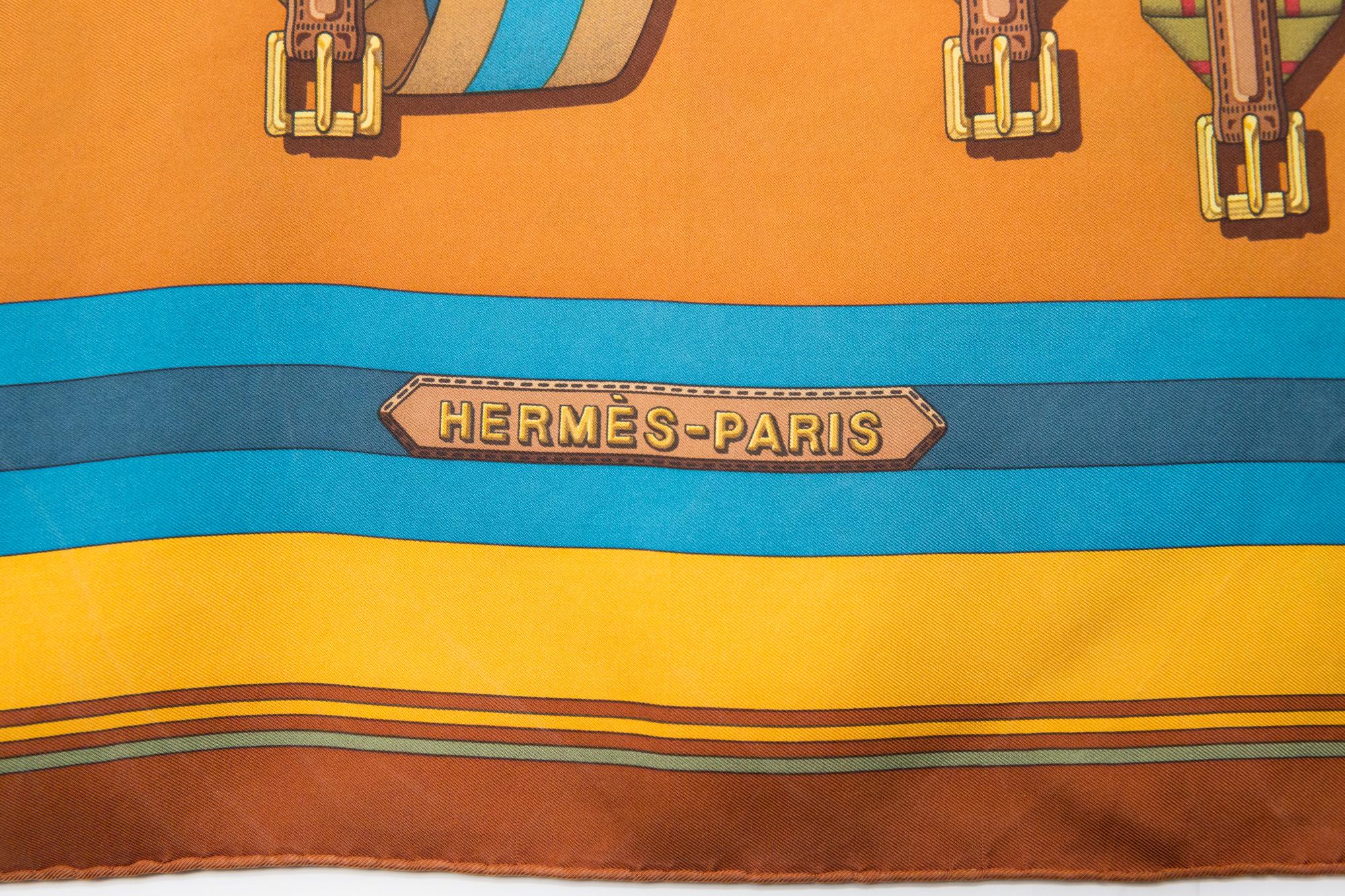 Orange 1990 Hermes Les Sangles by J.Metz Silk Scarf For Sale