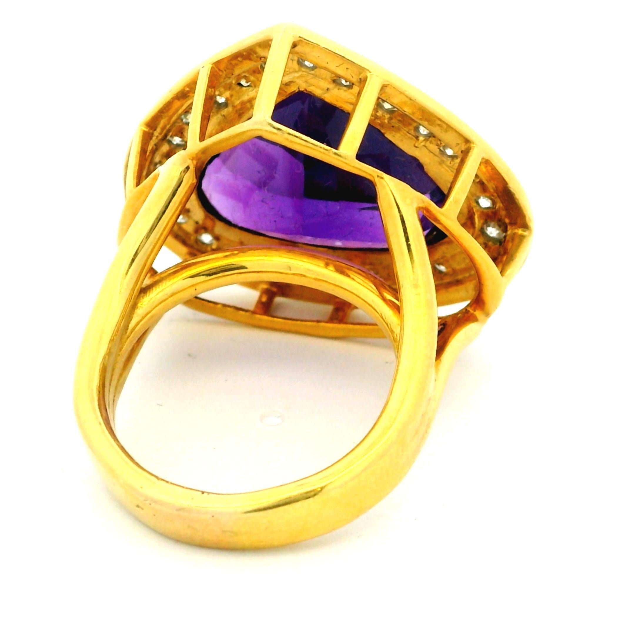1990 Bague italienne en or 18K avec améthyste en forme de cœur et diamant de 1,25 carat en vente 1