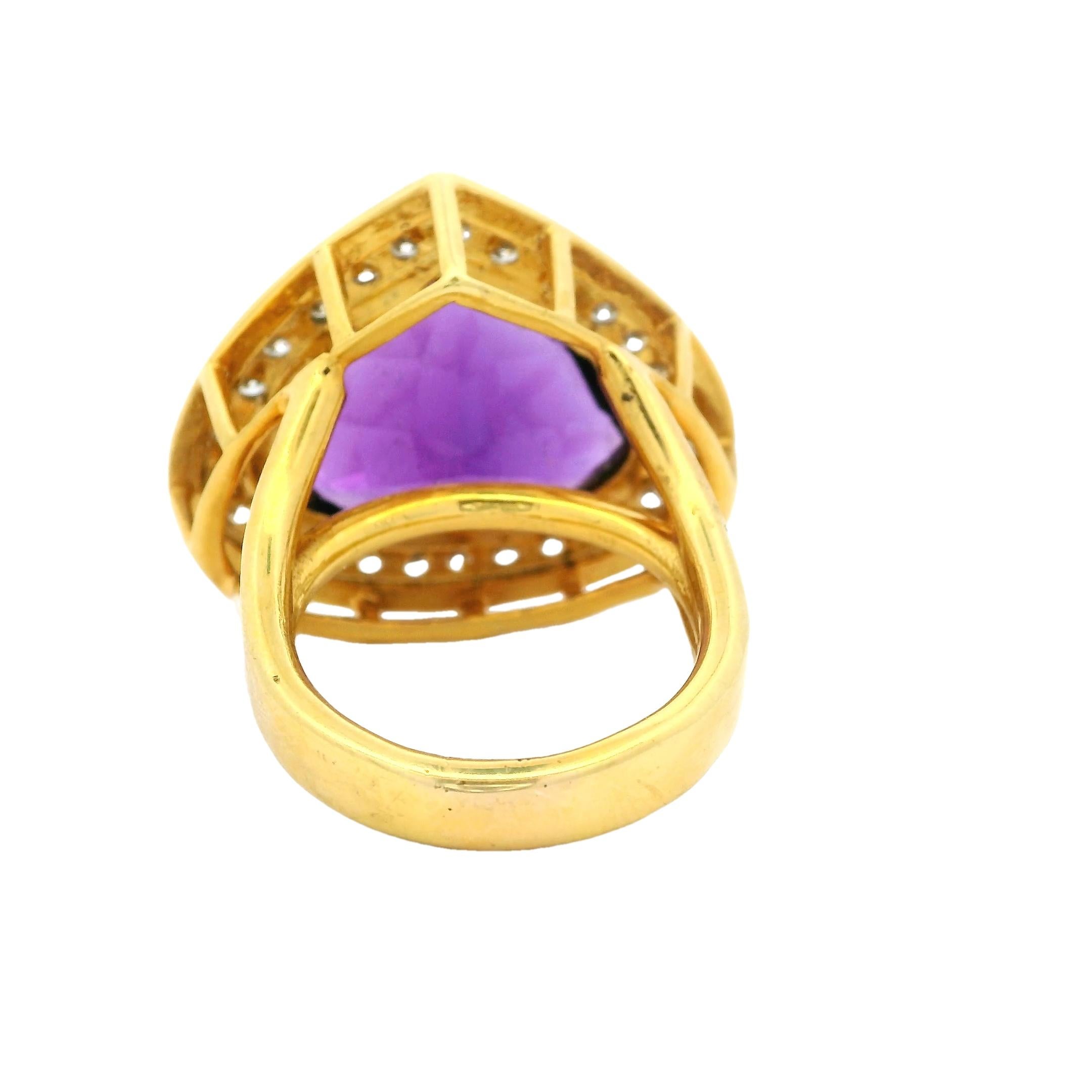 1990 Bague italienne en or 18K avec améthyste en forme de cœur et diamant de 1,25 carat Excellent état - En vente à Miami, FL