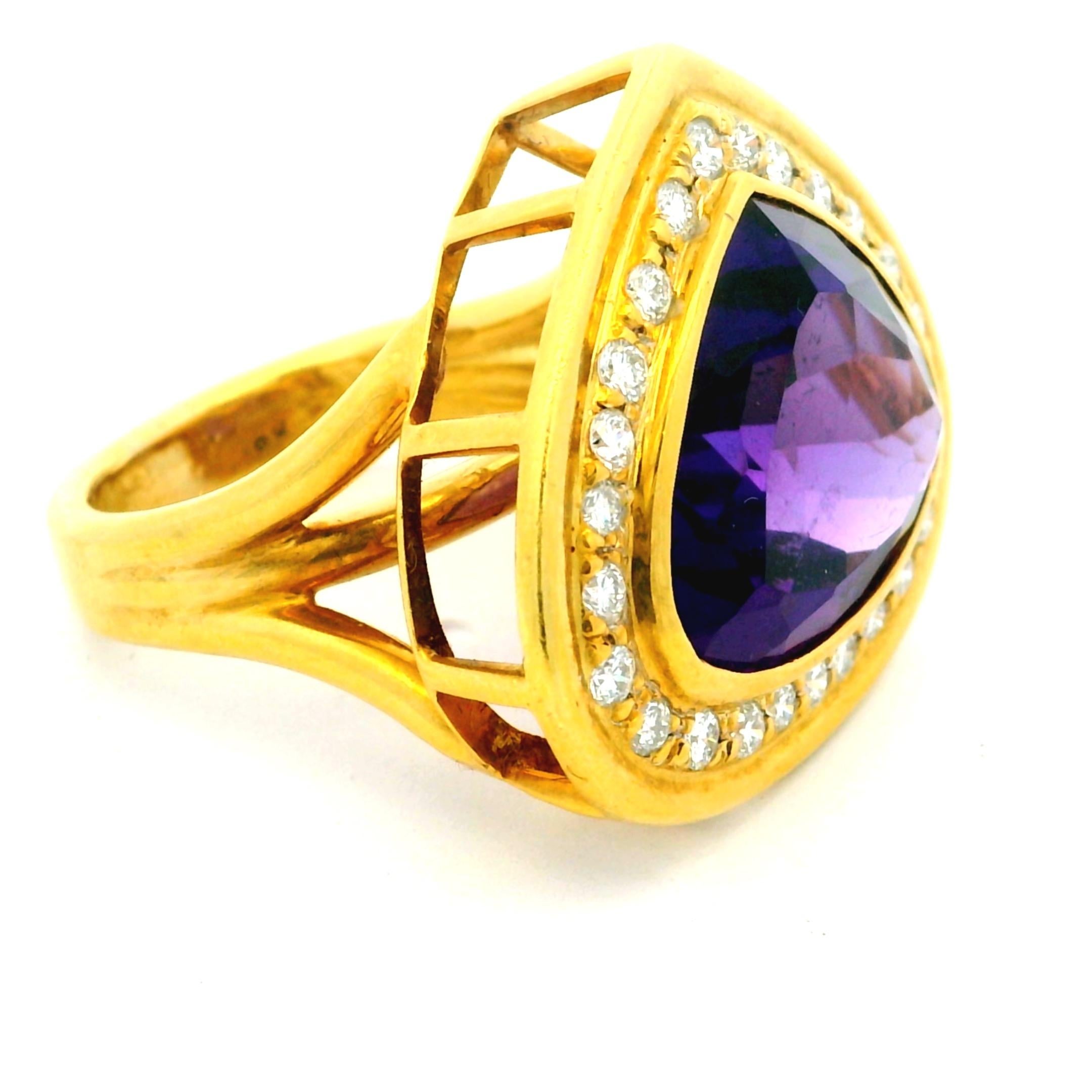 Romantique 1990 Bague italienne en or 18K avec améthyste en forme de cœur et diamant de 1,25 carat en vente