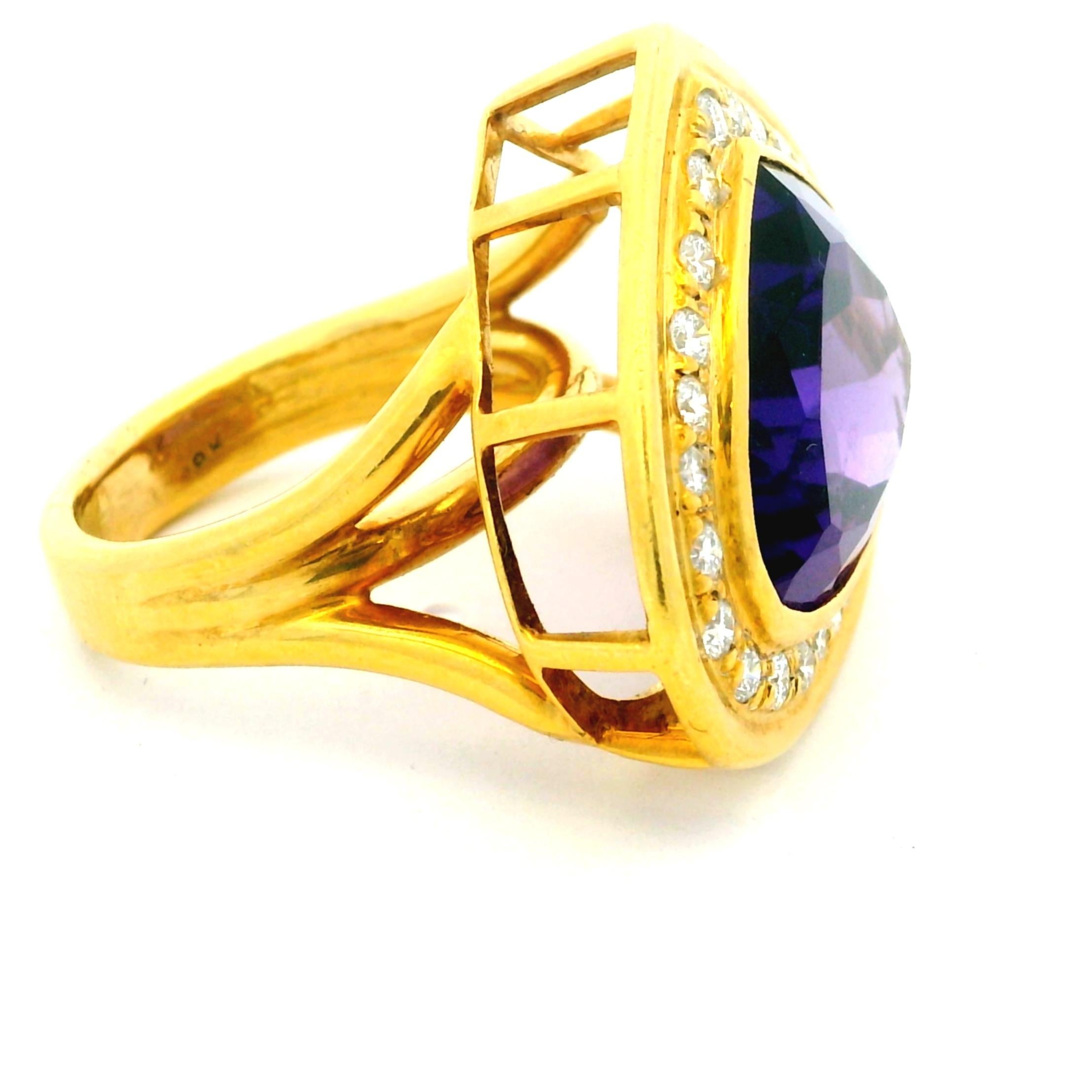 Taille cœur 1990 Bague italienne en or 18K avec améthyste en forme de cœur et diamant de 1,25 carat en vente
