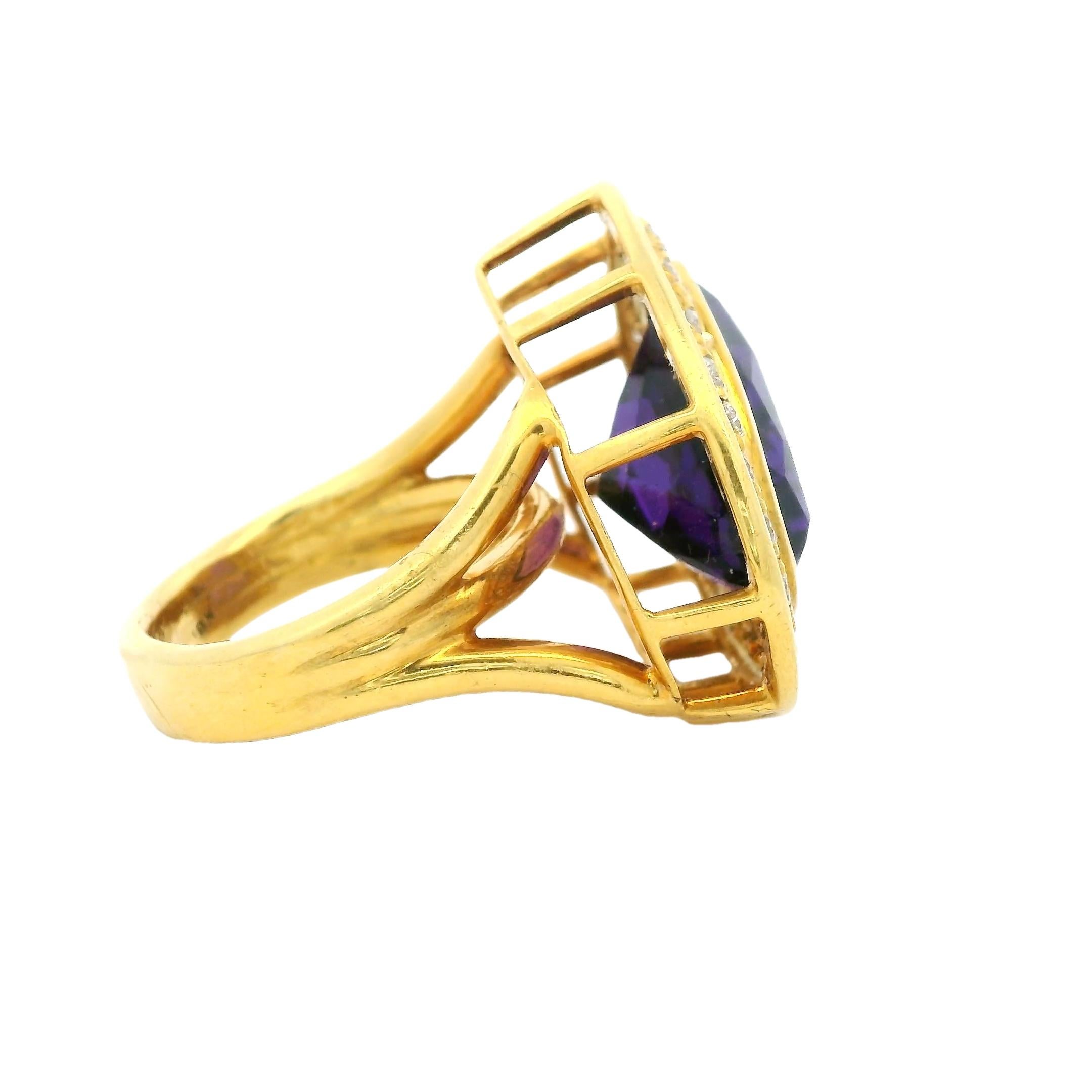 1990 Bague italienne en or 18K avec améthyste en forme de cœur et diamant de 1,25 carat en vente 2