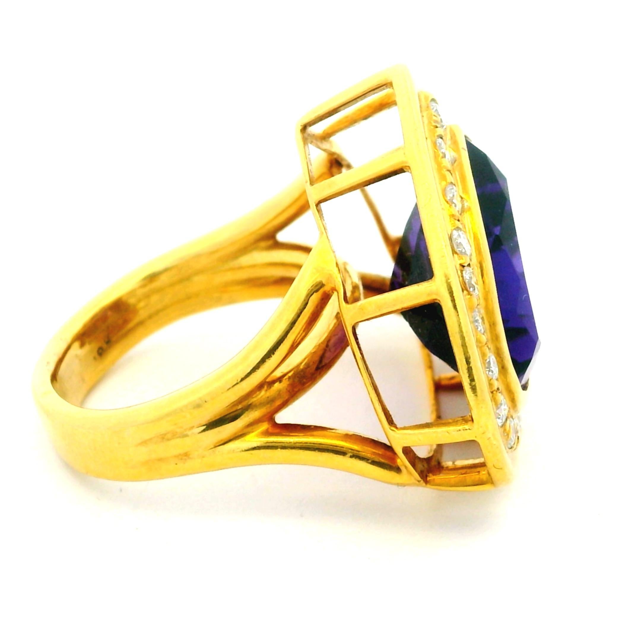 1990 Bague italienne en or 18K avec améthyste en forme de cœur et diamant de 1,25 carat Excellent état - En vente à Miami, FL