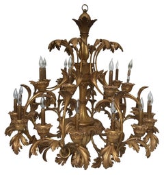1990 Italian 24-Light Hand Carved Wood Chandelier in Distressed Gold Leaf Finish