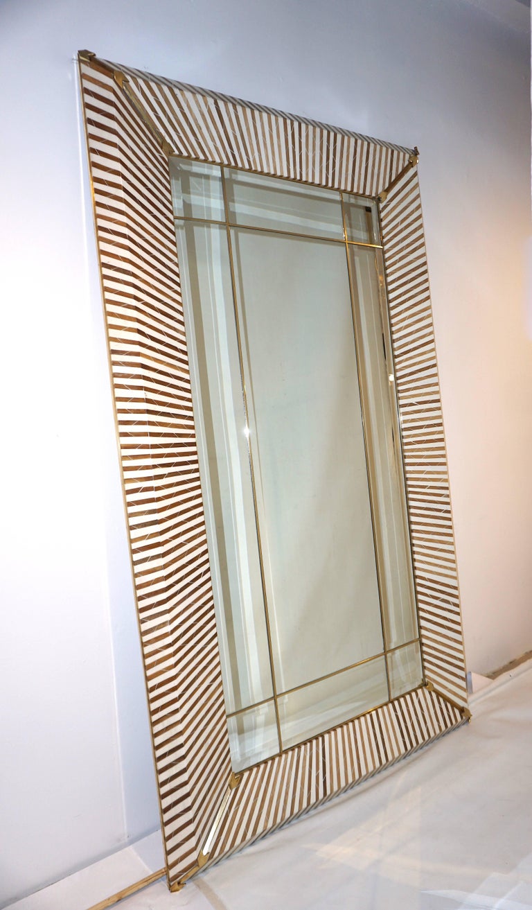 1990 Italian Geometric White and Brown Bamboo Wood Floor Mirror with