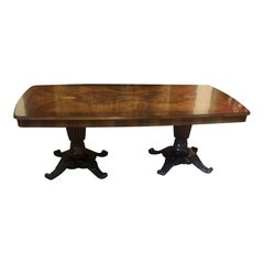 1990 Italian Walnut Double Pedestal Dining Table with Hand Carved Base Inlaid
