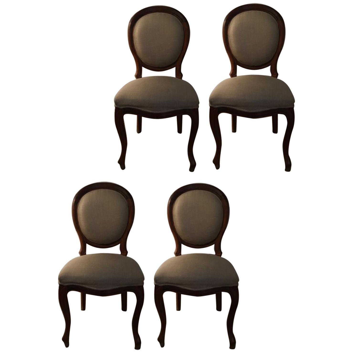 1990 Italy Post Modern Set 4 Chairs in Walnut and Linen For Sale