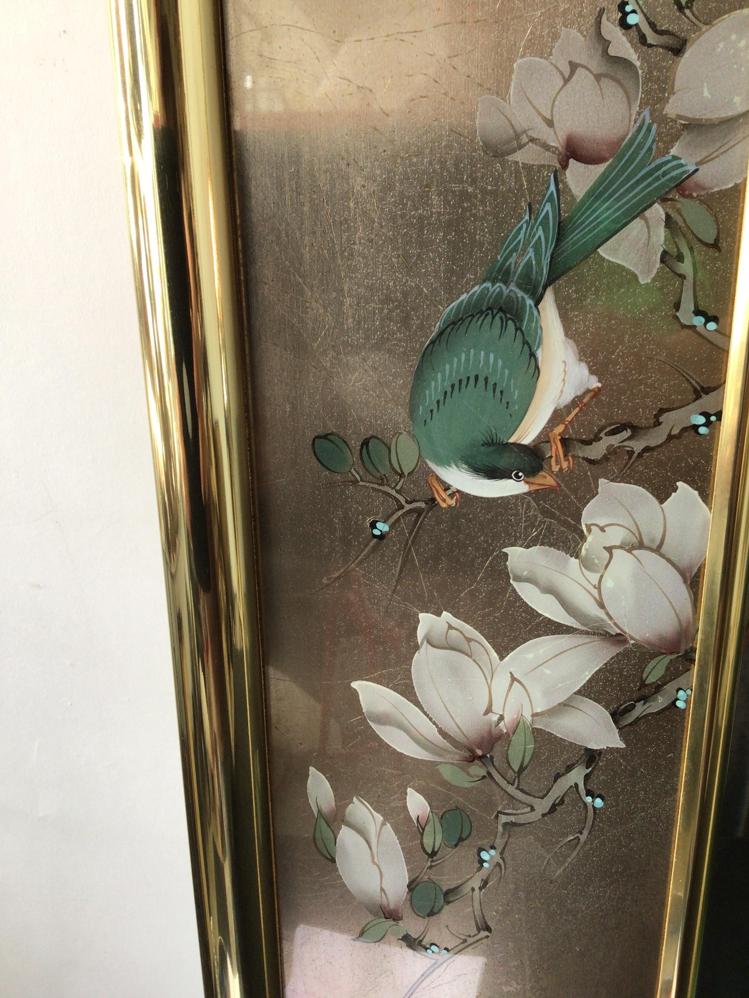 Miroir floral peint à la main LaBarge Brown Eglomise, 1990 en vente 2