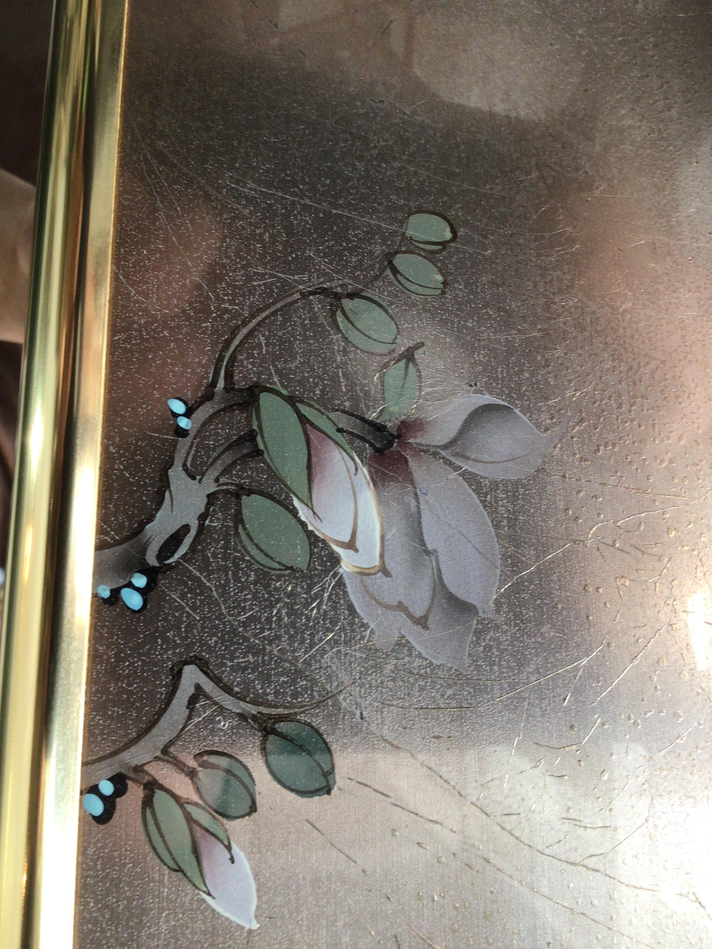 Miroir floral peint à la main LaBarge Brown Eglomise, 1990 en vente 4