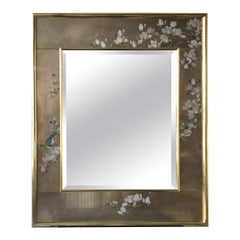 1990 LaBarge Brown Eglomise Hand Painted Floral Mirror