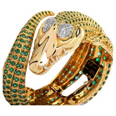 1990 LItalian Emerald Diamond 18k Gold Gold Alligator Cuff Bangle Bracelet