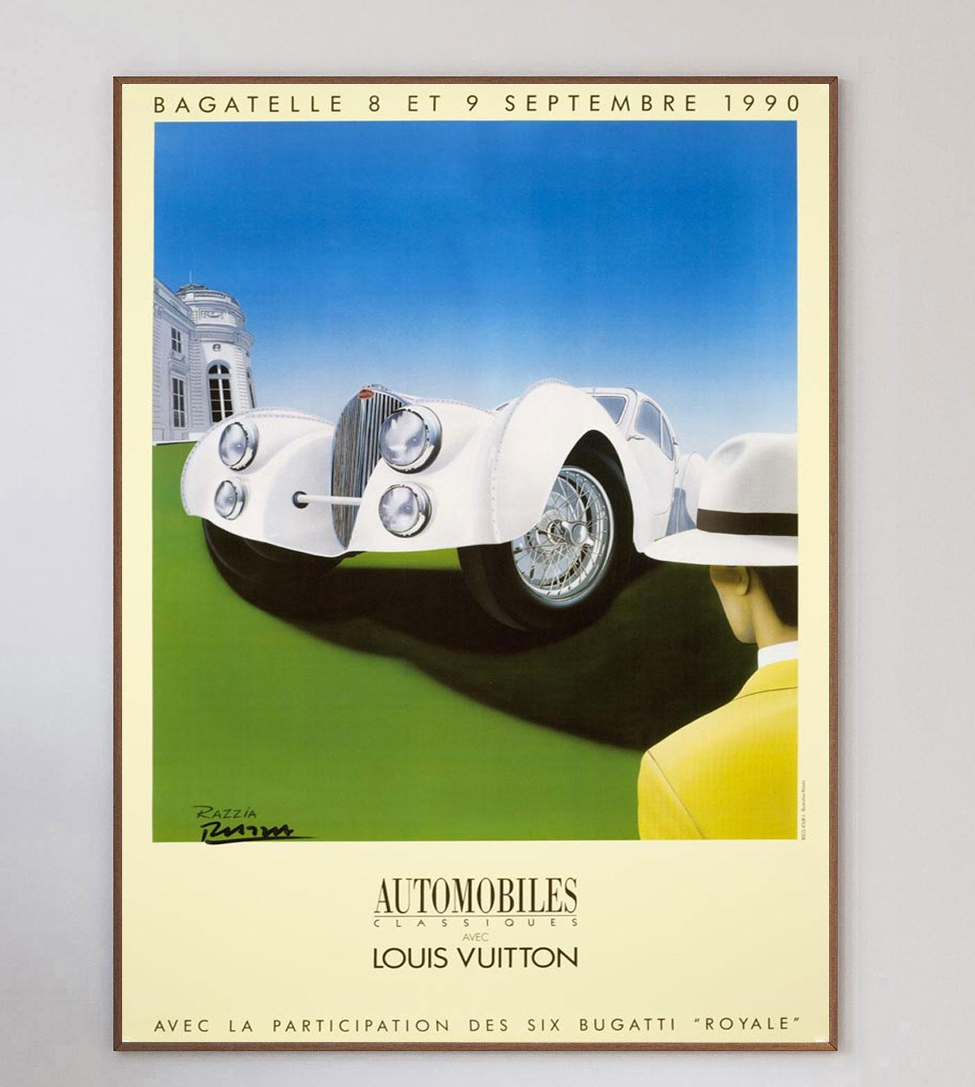 The Louis Vuitton Bagatelle Concours d'Elegance is an annual event held in the Parc de Bagatelle in Paris, France beginning in 1988. In 1990, the Bugatti Royales were featured and this image shows the Bugatti T57 Atlantic.

Beautifully illustrated