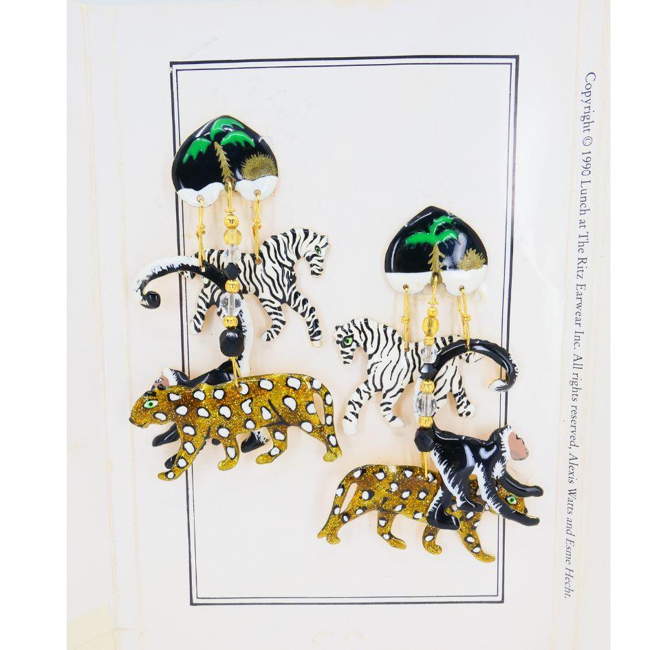 1990 Lunch At The Ritz Carte Du Jour African Animal Gold Silber Clip-Ohrringe im Angebot 1