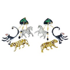 1990 Lunch at the Ritz Carte Du Jour African Animal Gold Silver Clip Earrings