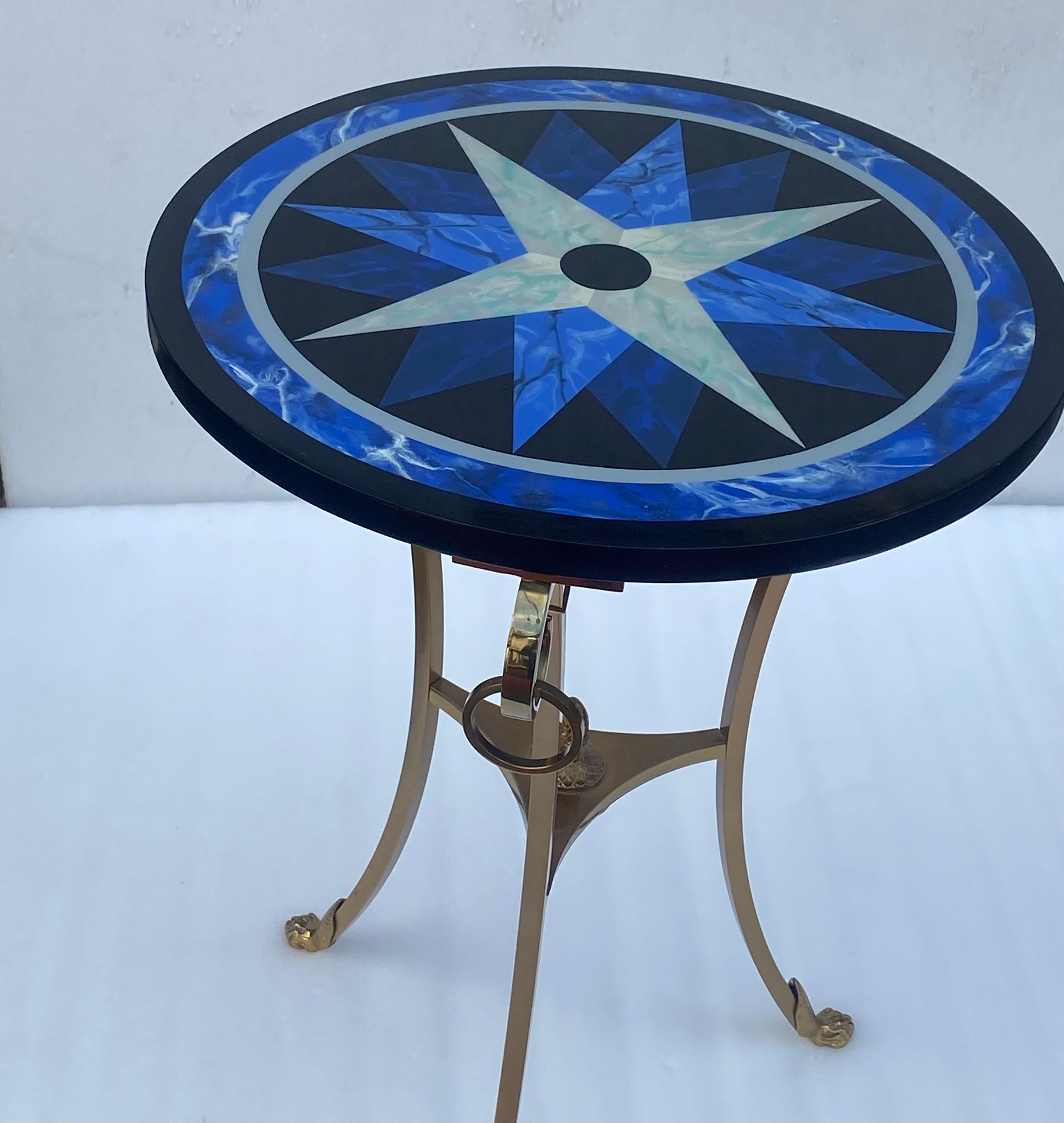 Art Deco 1990′ Maison Charles Bronze Pedestal Table With Geometric Patterned Tray Ø 60 cm For Sale