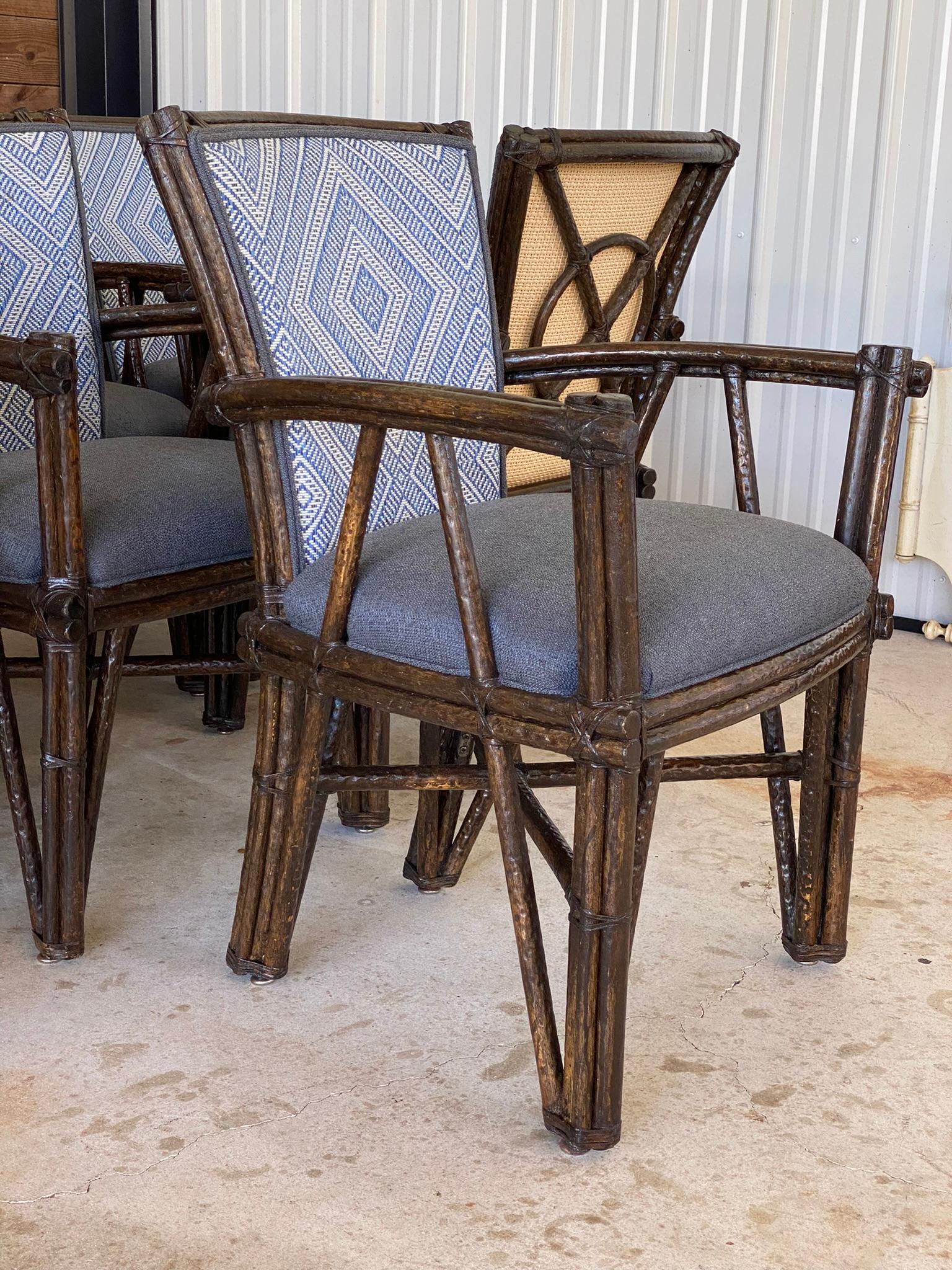 Country 1990 McGuire Rustic Faux Bois Rattan Target Back Dining Chairs set of Eight