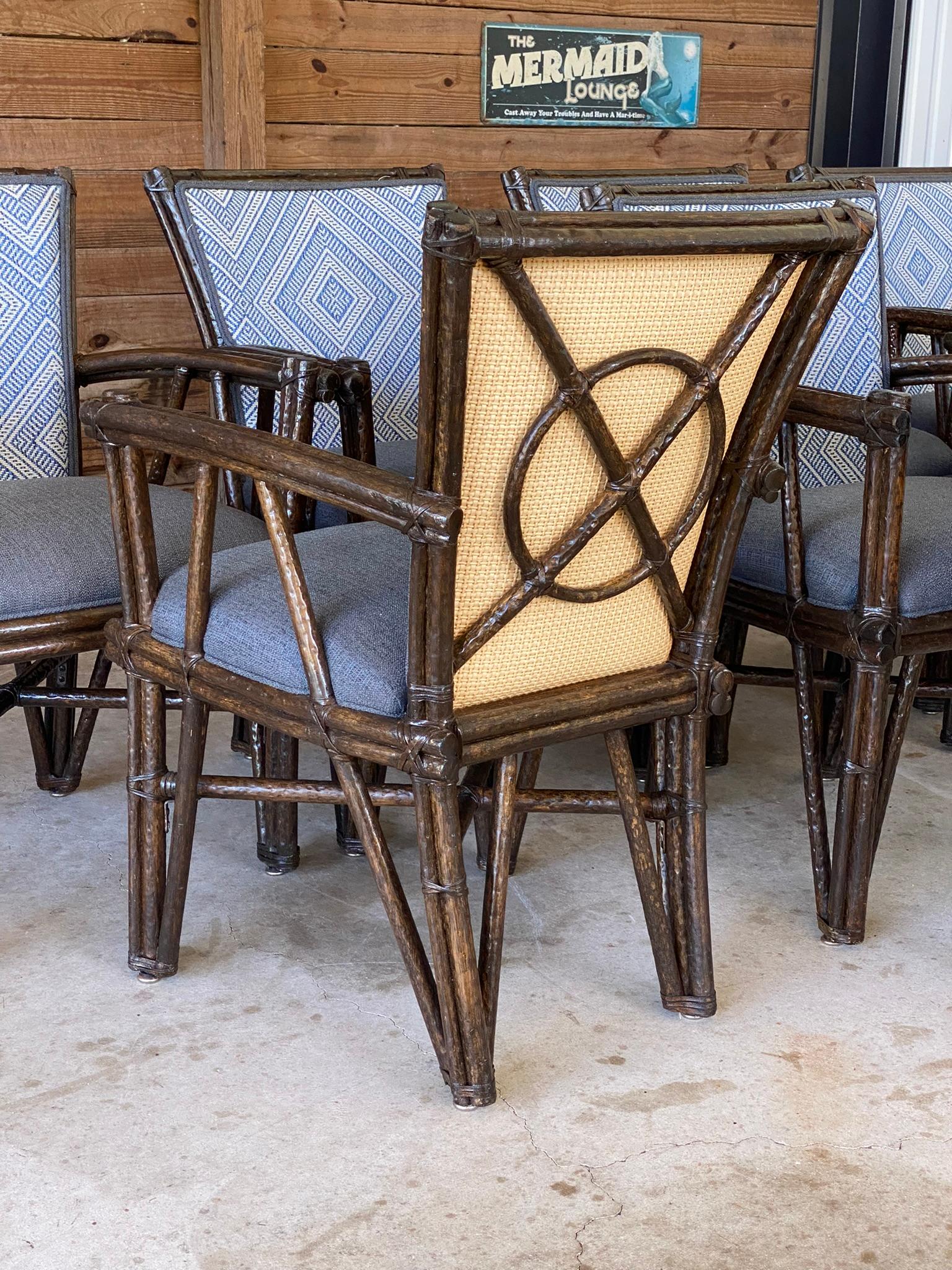 American 1990 McGuire Rustic Faux Bois Rattan Target Back Dining Chairs set of Eight