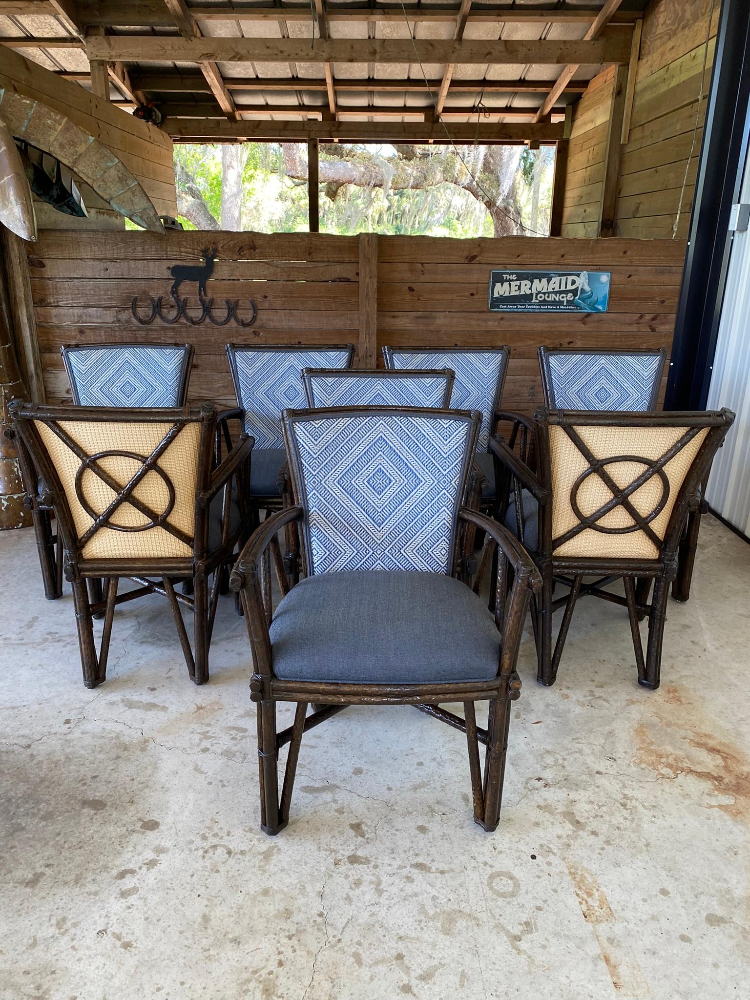 Hand-Crafted 1990 McGuire Rustic Faux Bois Rattan Target Back Dining Chairs set of Eight