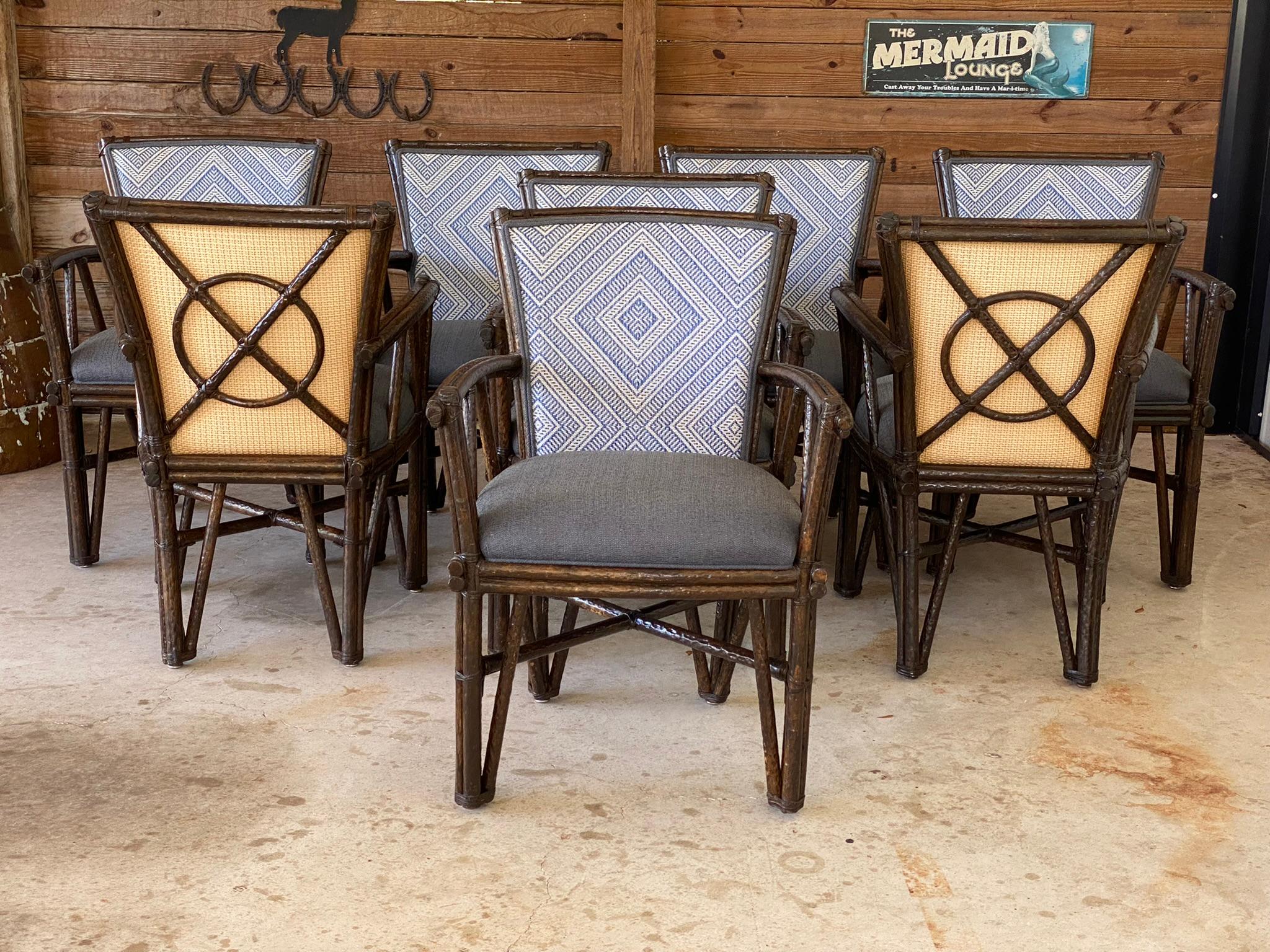 1990 McGuire Rustic Faux Bois Rattan Target Back Dining Chairs set of Eight In Good Condition In North Fort Myers, FL