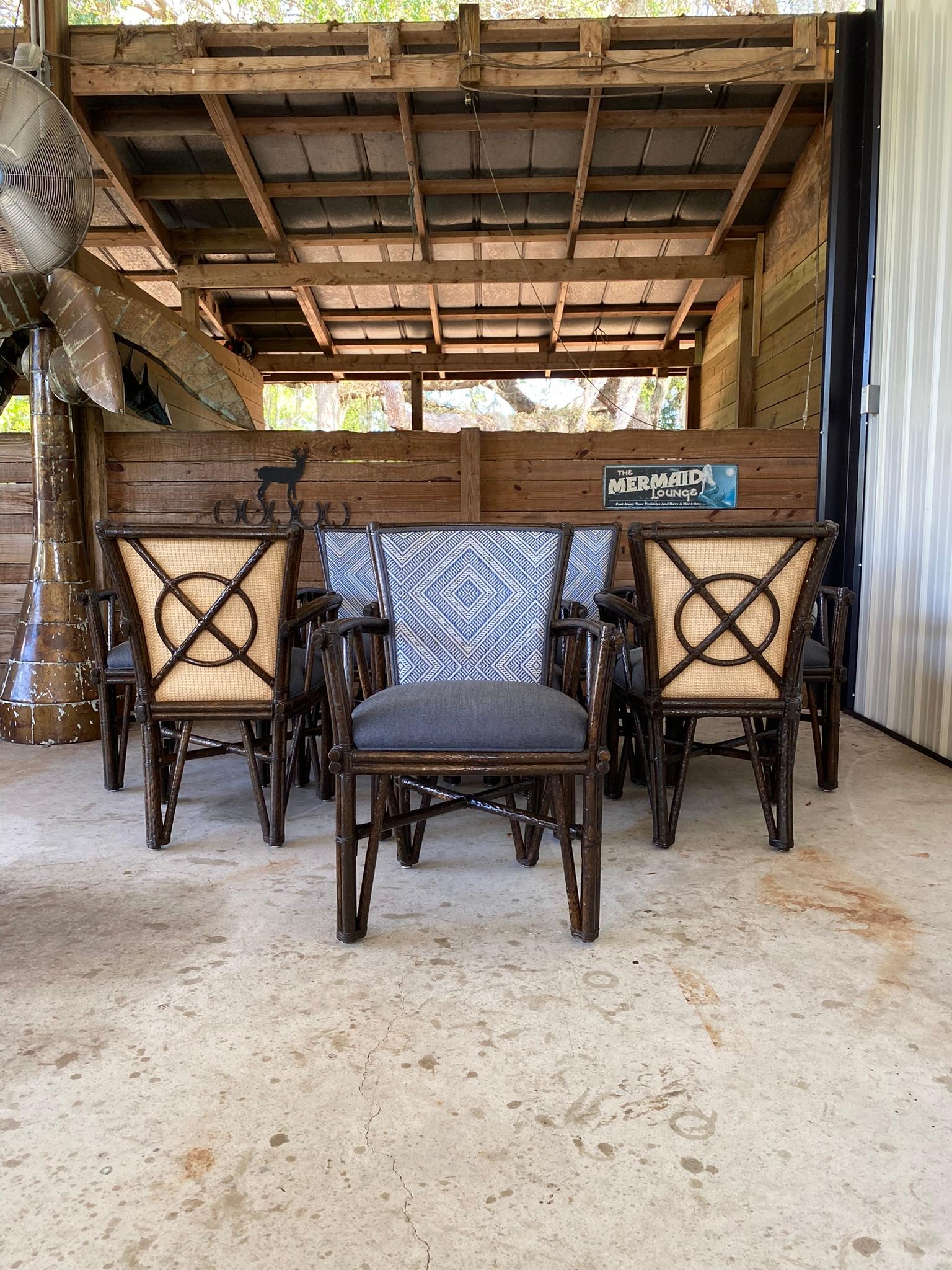 Wood 1990 McGuire Rustic Faux Bois Rattan Target Back Dining Chairs set of Eight