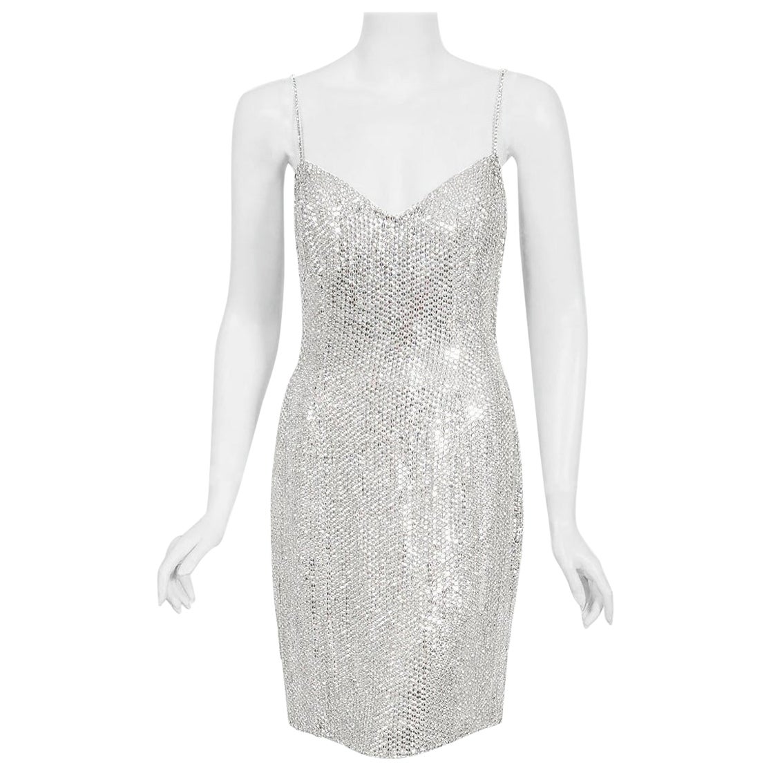 1990 Michael Kors Documented Madonna Beaded Silver Rhinestone Mini Slip Dress