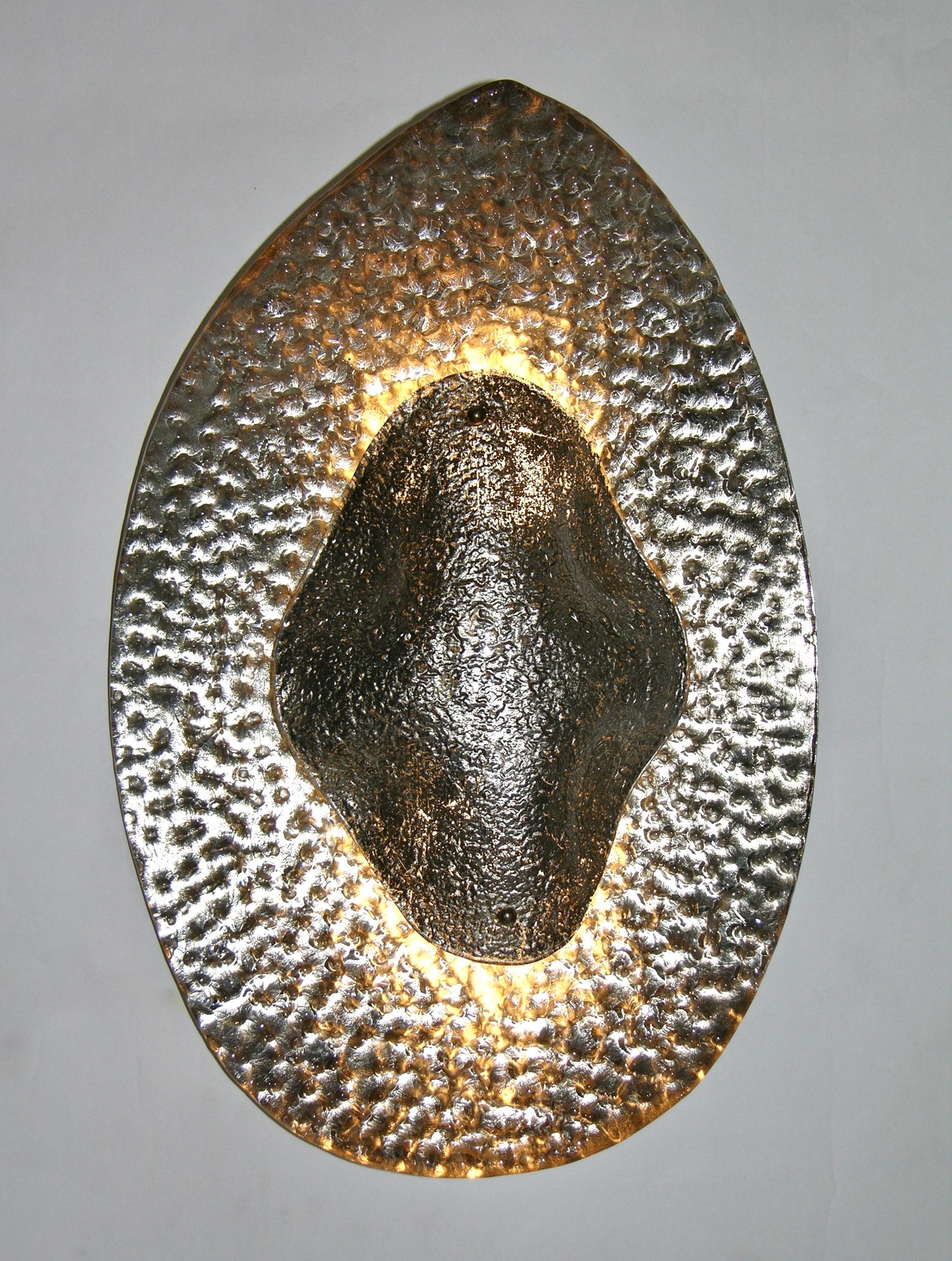 Brutalist 1990 Modern Italian Silver Finish Texture Murano Glass Sculptural Concave Sconce For Sale