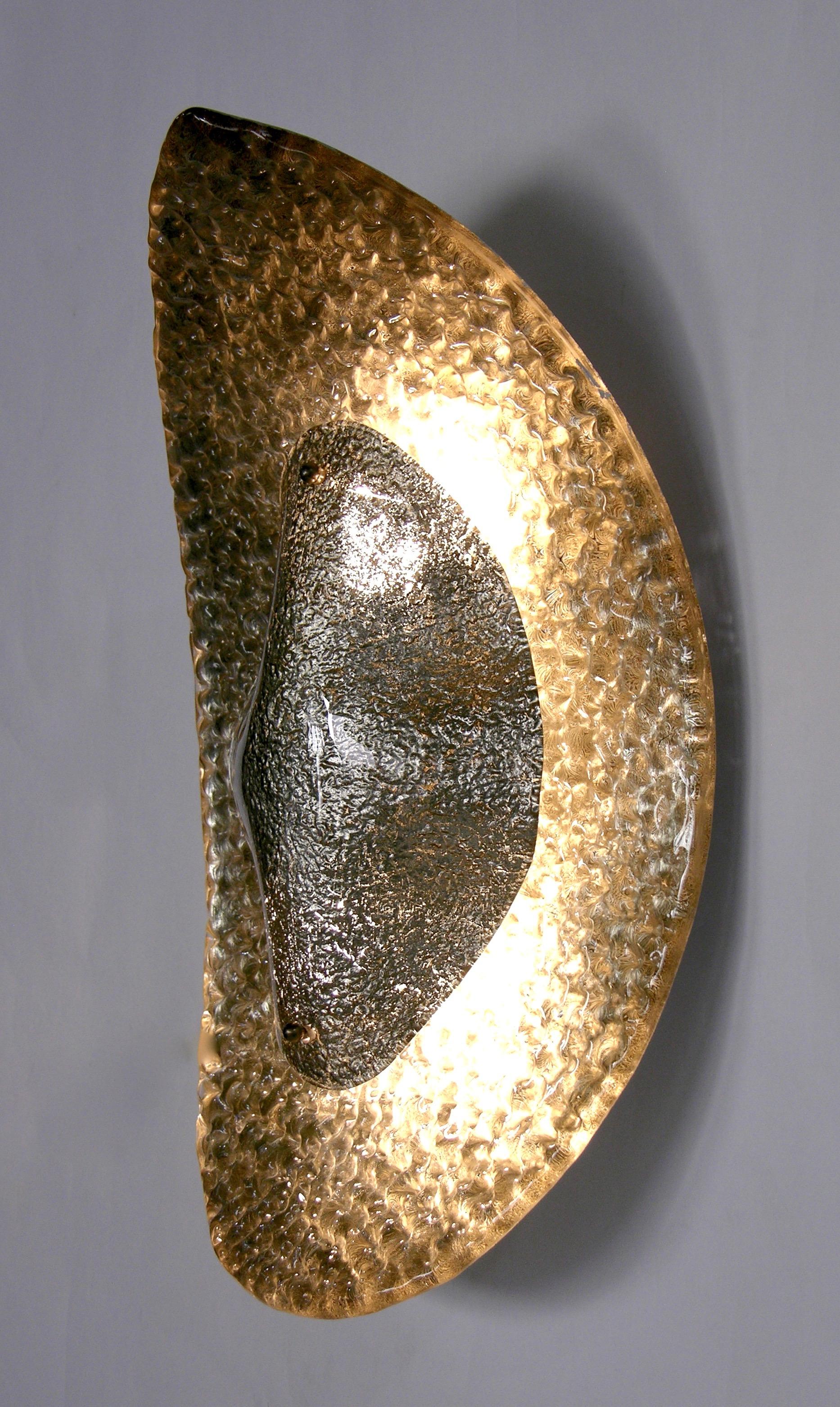 Hand-Crafted 1990 Modern Italian Silver Finish Texture Murano Glass Sculptural Concave Sconce For Sale