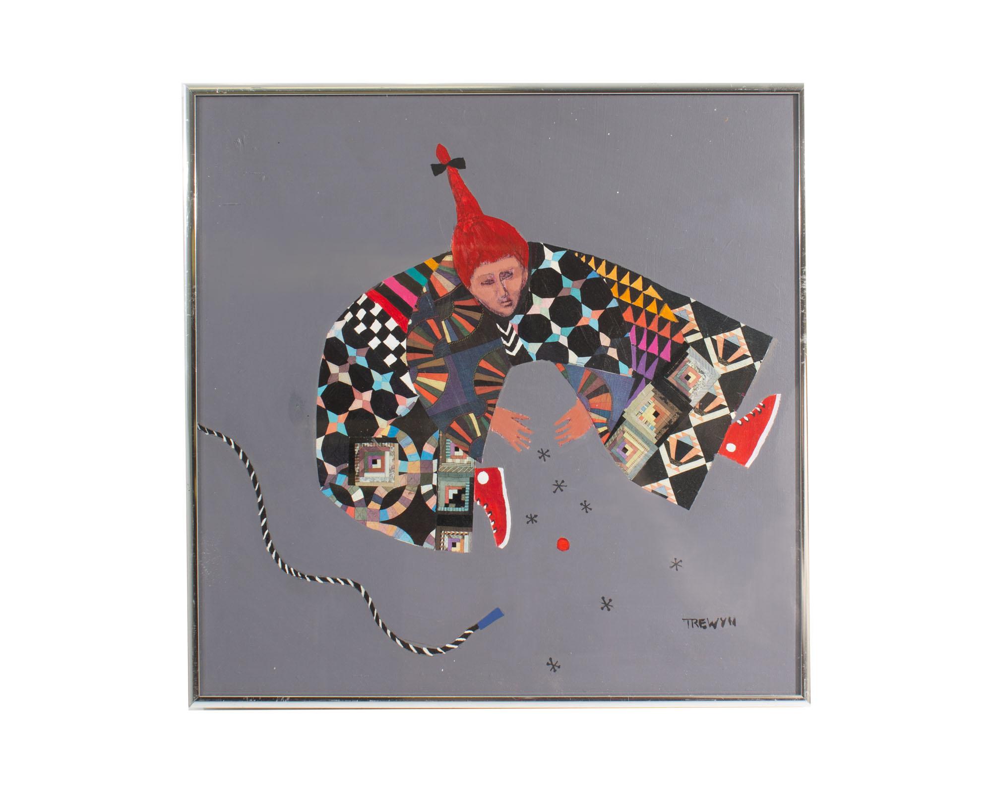A 1990 mixed media abstract painting and collage titled, My Life as a Child, by American artist Leslie Trewyn (1941-2017). Signed to the lower right corner, this work features an aerial view of a spirited child in colorful, patterned attire seated