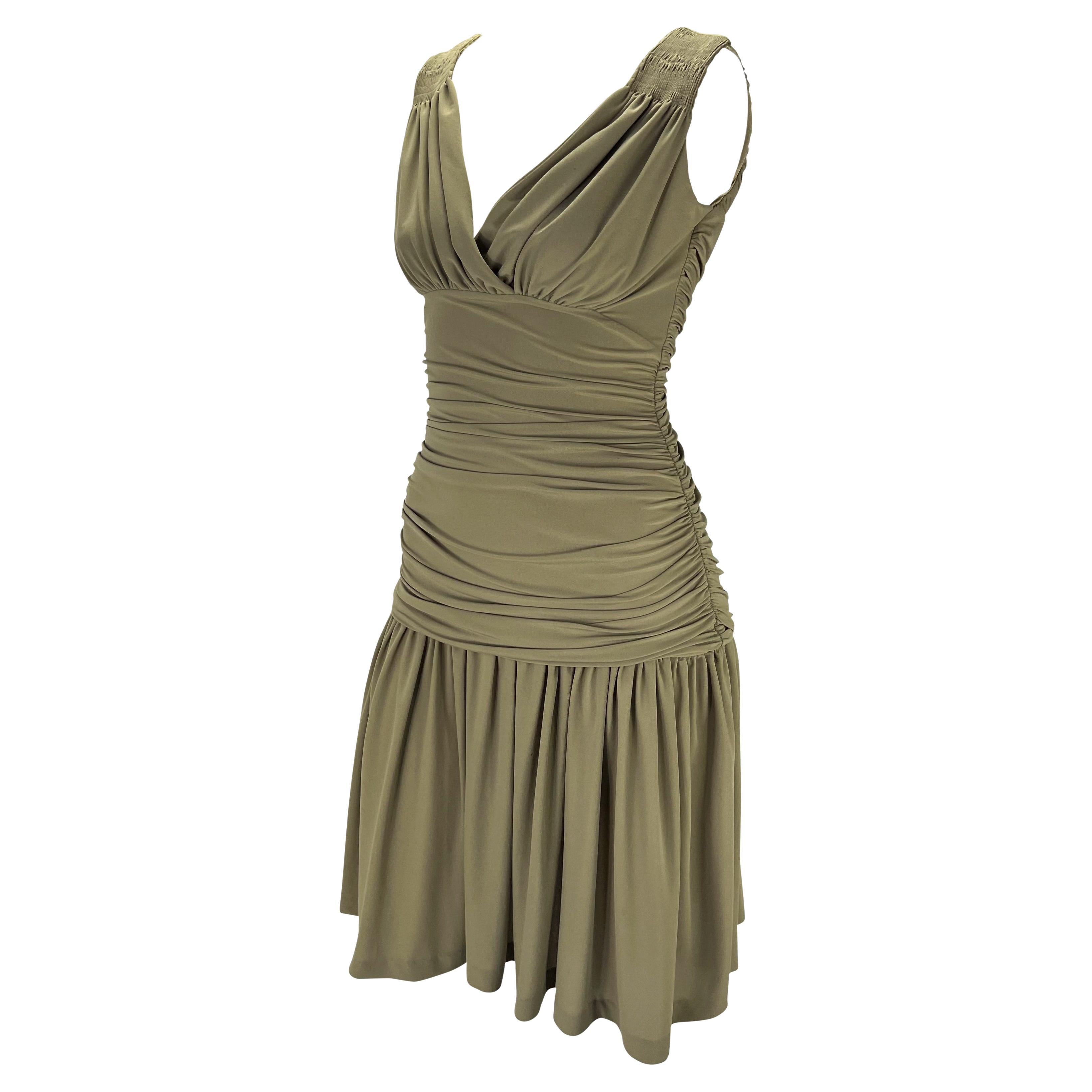 Brown S/S 1990 Norma Kamali Runway Green Ruched Stretch Flare Mini Dress For Sale