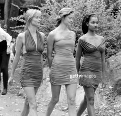 S/S 1990 Norma Kamali Runway Green Ruched Stretch Flare Mini Dress