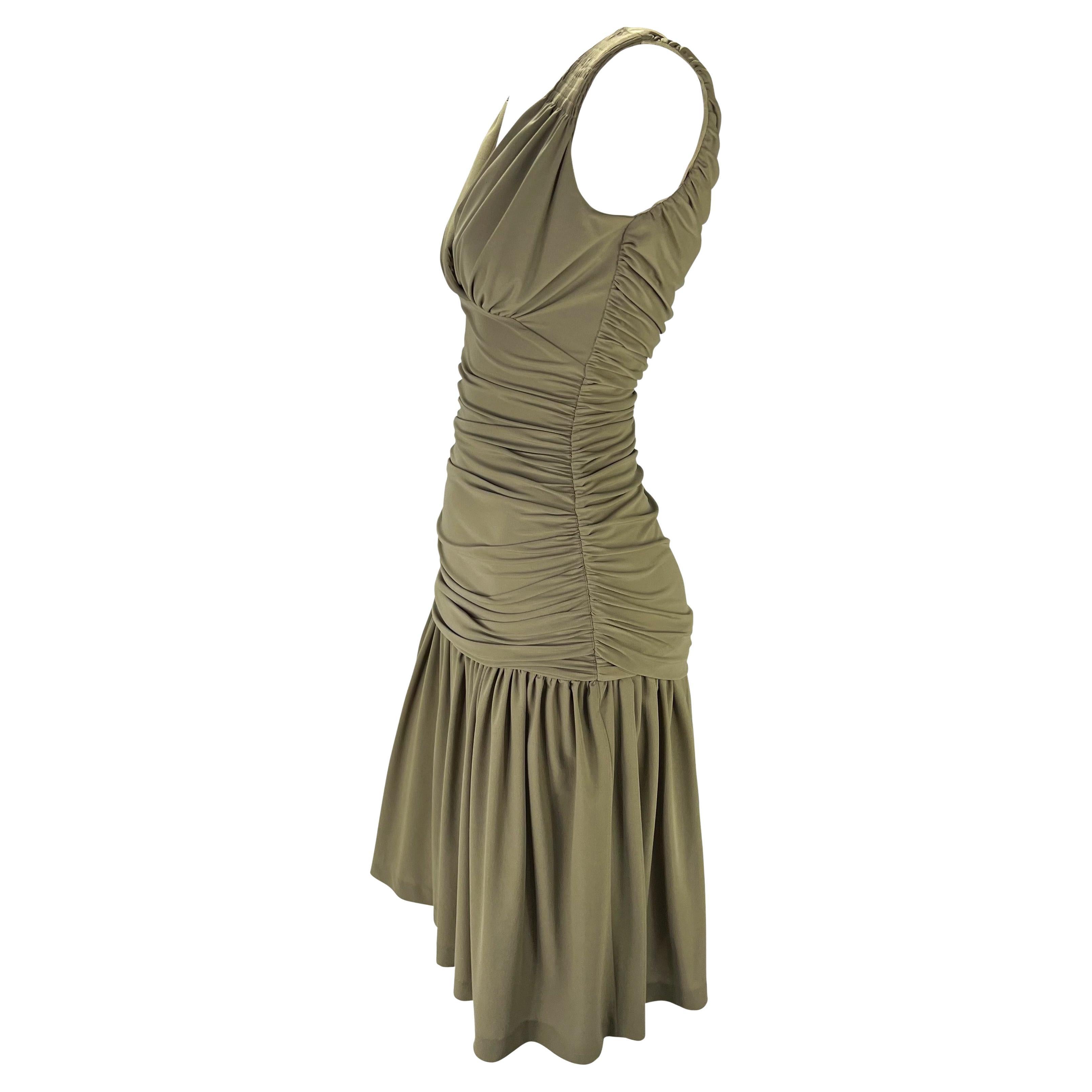 S/S 1990 Norma Kamali Runway Green Ruched Stretch Flare Mini Dress In Good Condition For Sale In West Hollywood, CA