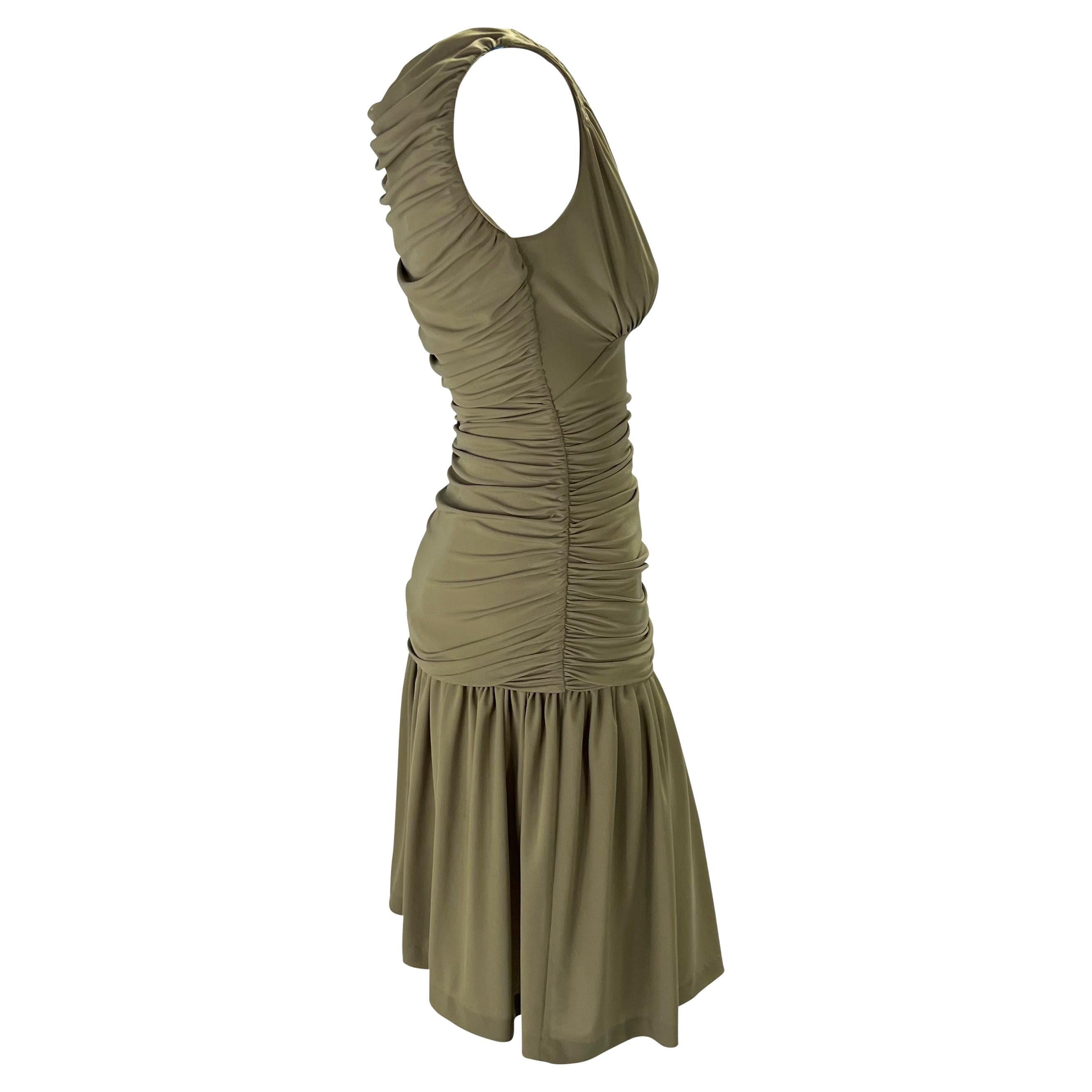 S/S 1990 Norma Kamali Runway Green Ruched Stretch Flare Mini Dress For Sale 1