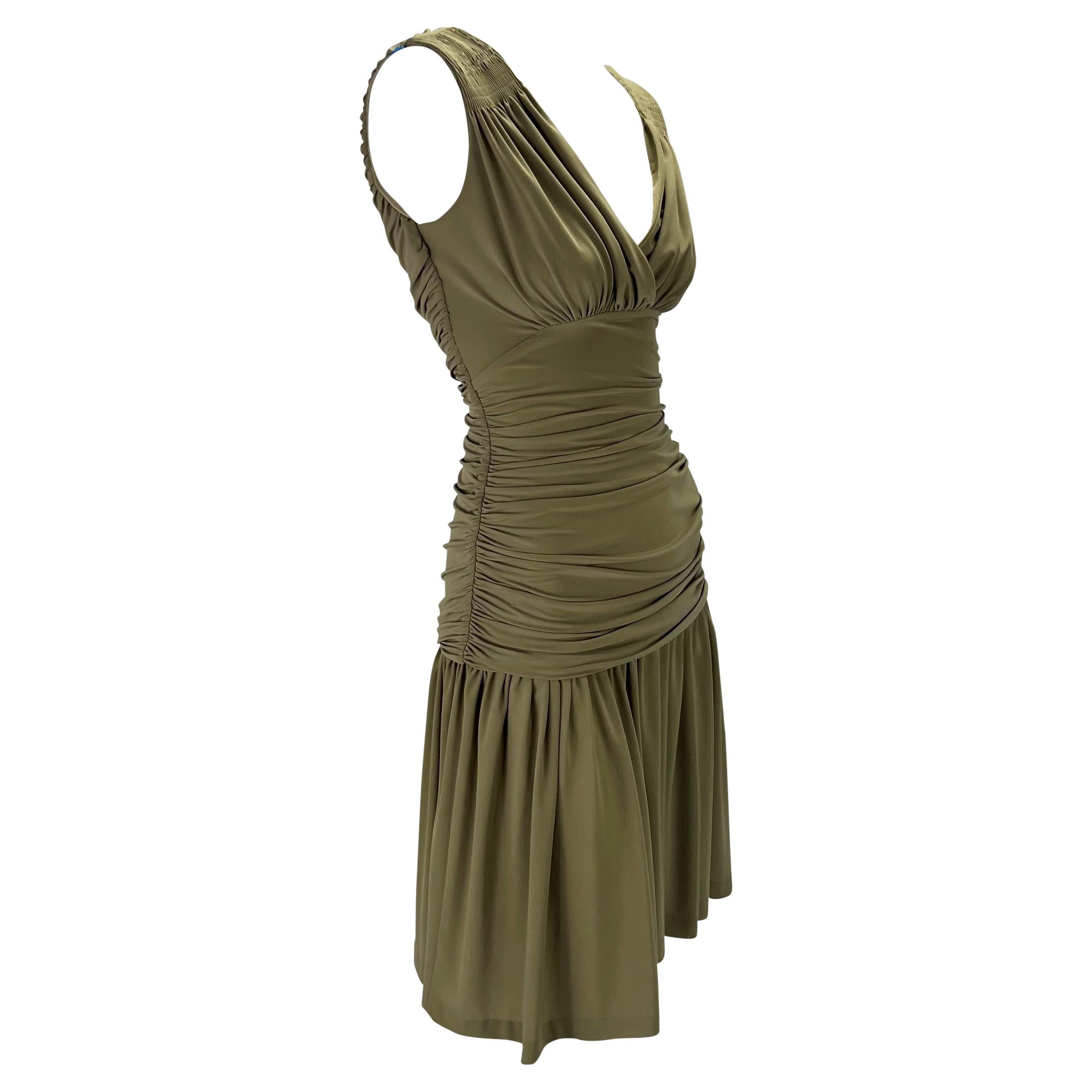 S/S 1990 Norma Kamali Runway Green Ruched Stretch Flare Mini Dress For Sale 2