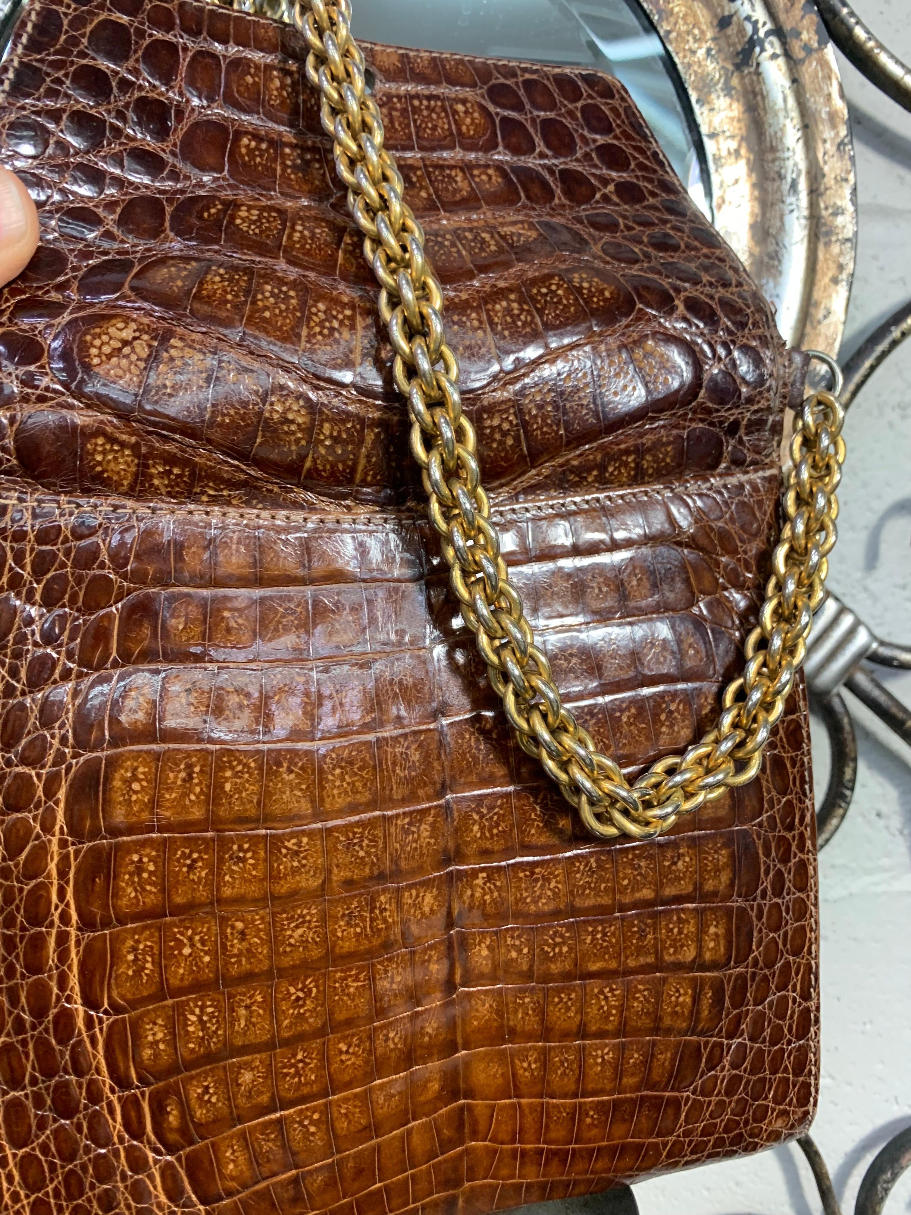 1990 Paloma Picasso Brown Alligator Shoulder Bag w Heavy Rope Chain Strap For Sale 3