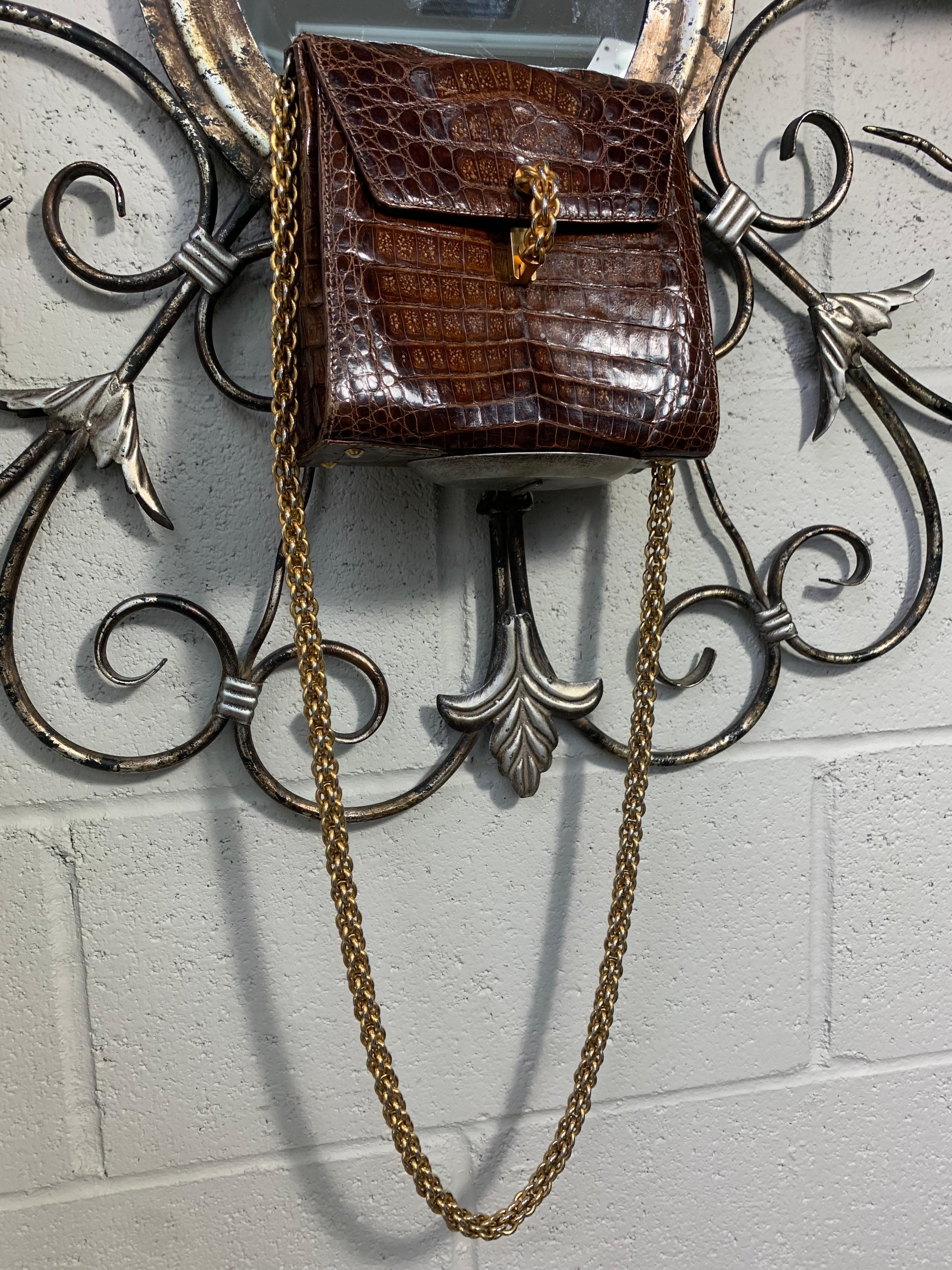 1990 Paloma Picasso Brown Alligator Shoulder Bag w Heavy Rope Chain Strap For Sale 4