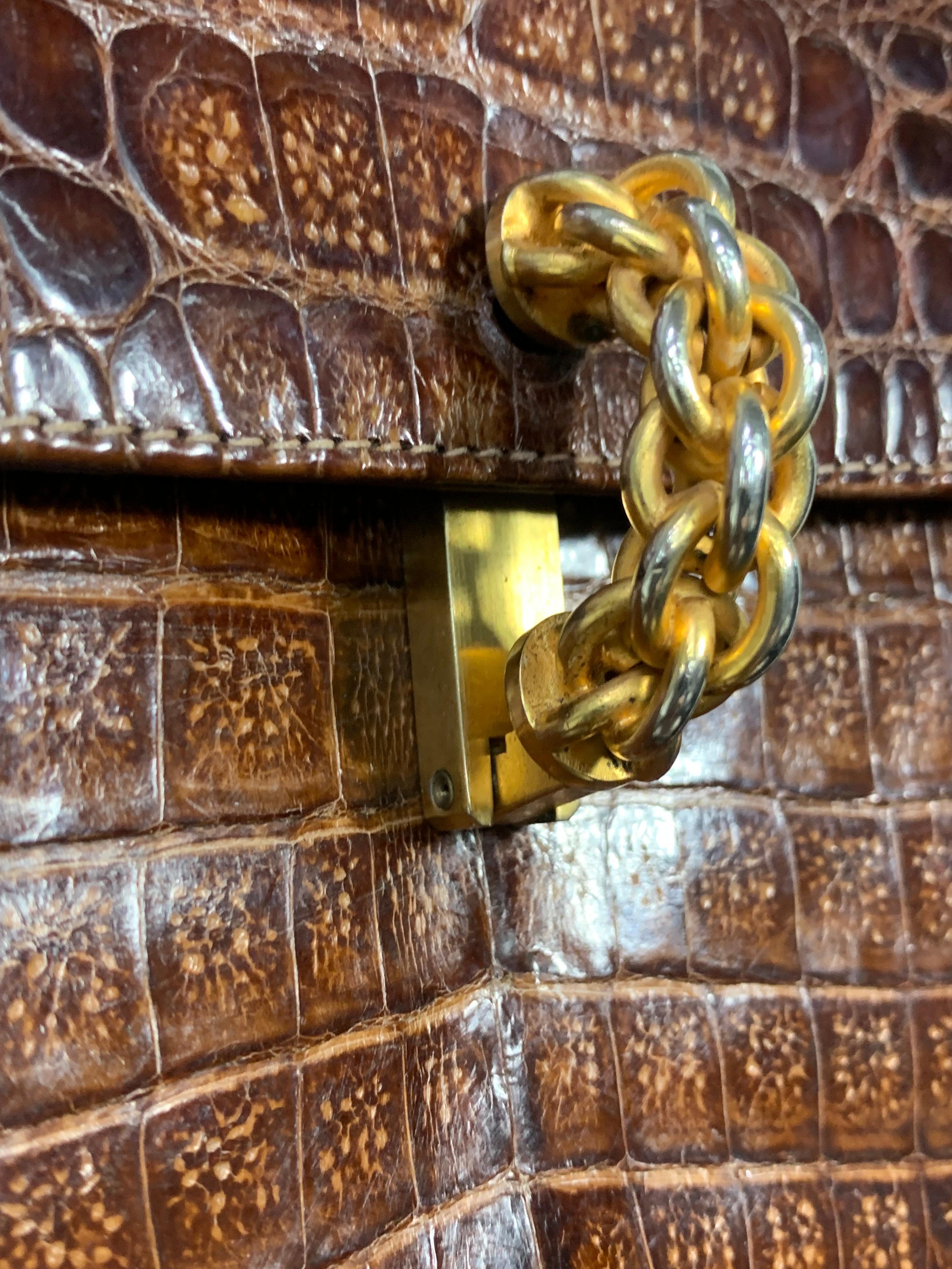 1990 Paloma Picasso Brown Alligator Shoulder Bag w Heavy Rope Chain Strap For Sale 7