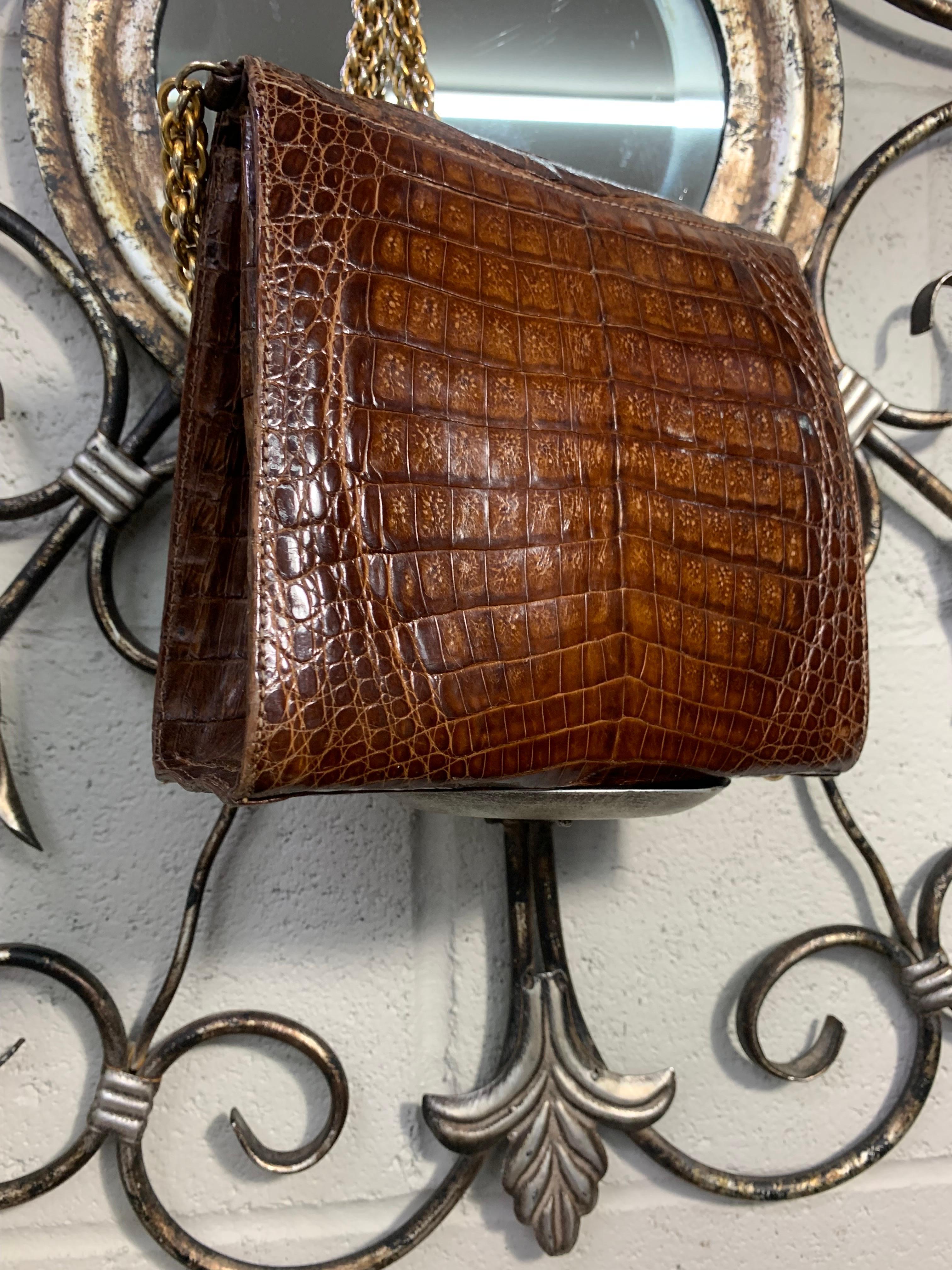 1990 Paloma Picasso Brown Alligator Shoulder Bag w Heavy Rope Chain Strap In Excellent Condition For Sale In Gresham, OR