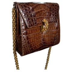 1990 Paloma Picasso Brown Alligator Shoulder Bag w Heavy Rope Chain Strap
