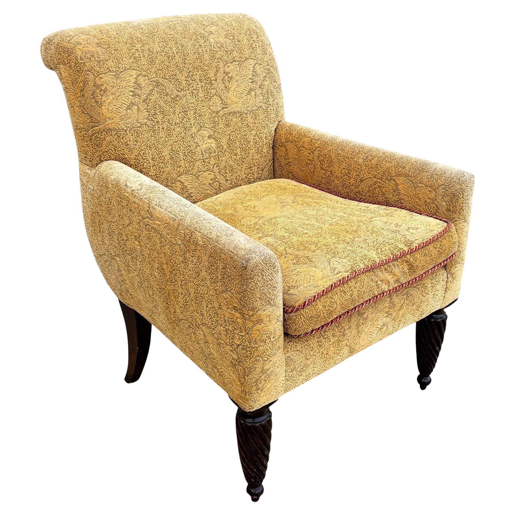 1990 Post Modern Saddle Bag Armchair Lounge w/ Yellow Foliage Pattern Upholstery For Sale