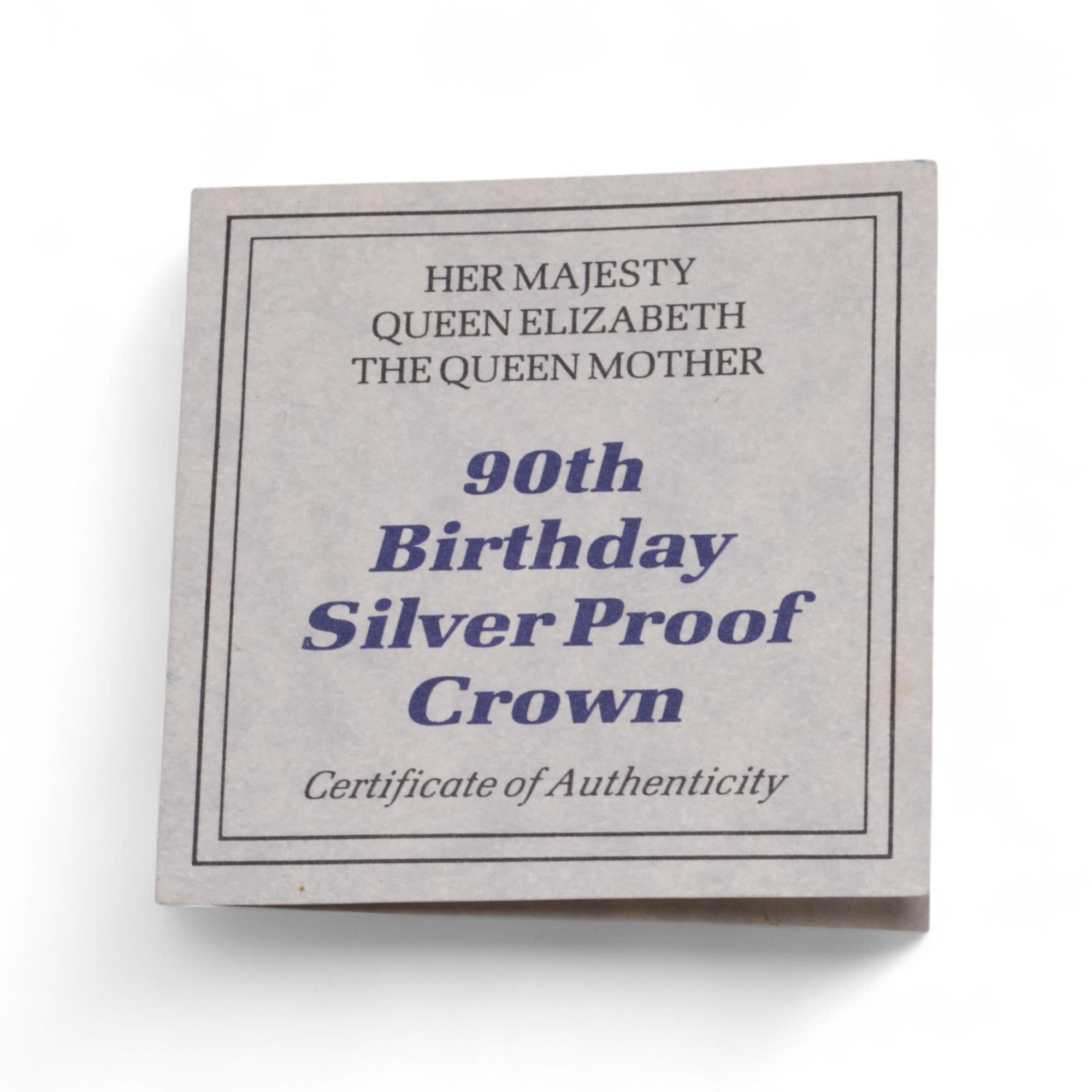 Women's or Men's 1990 Queen Mother 90th Birthday Silver Proof £5 Crown For Sale