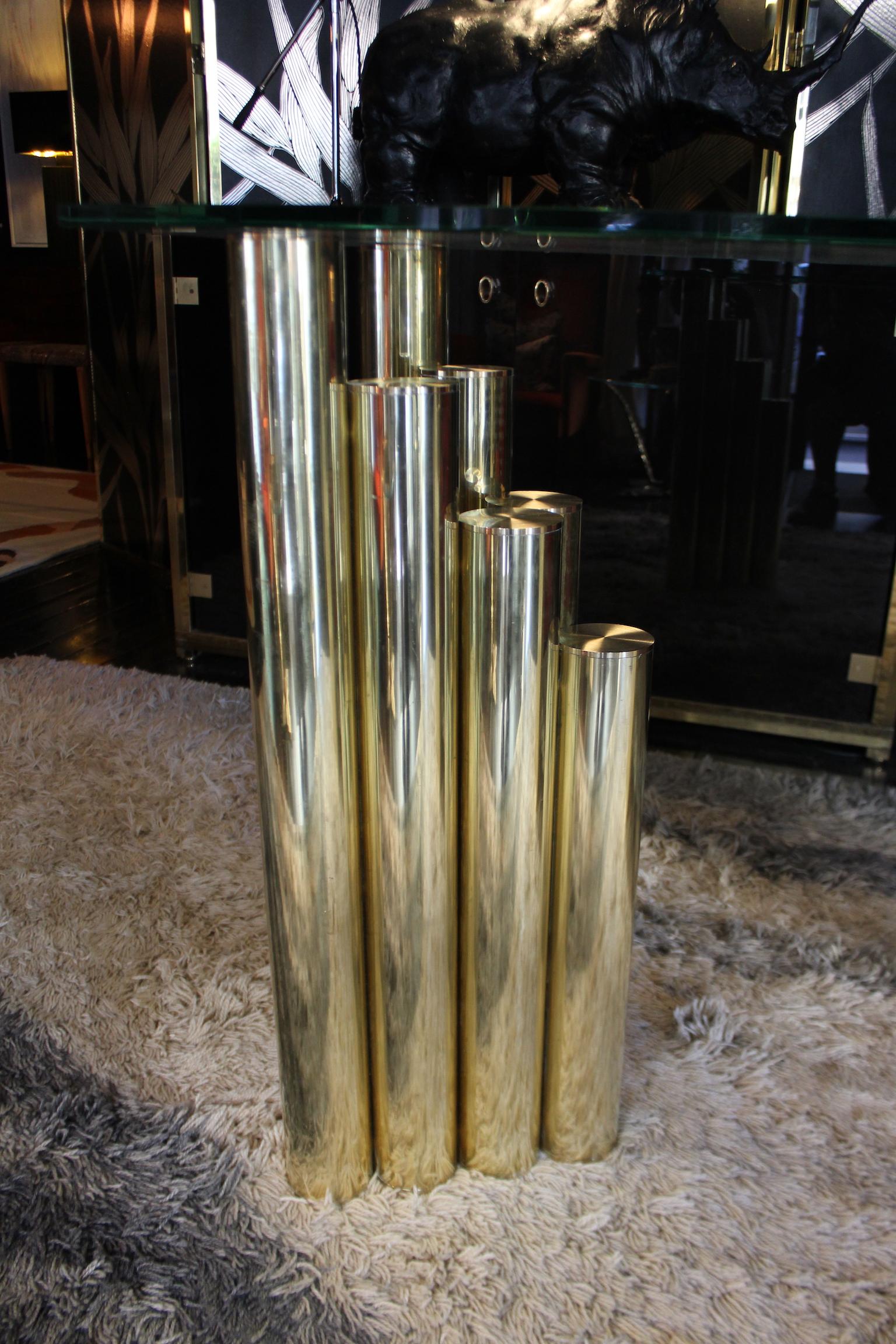 Glass 1990 Rectangular Handcrafted Tubular Brass Consolle For Sale