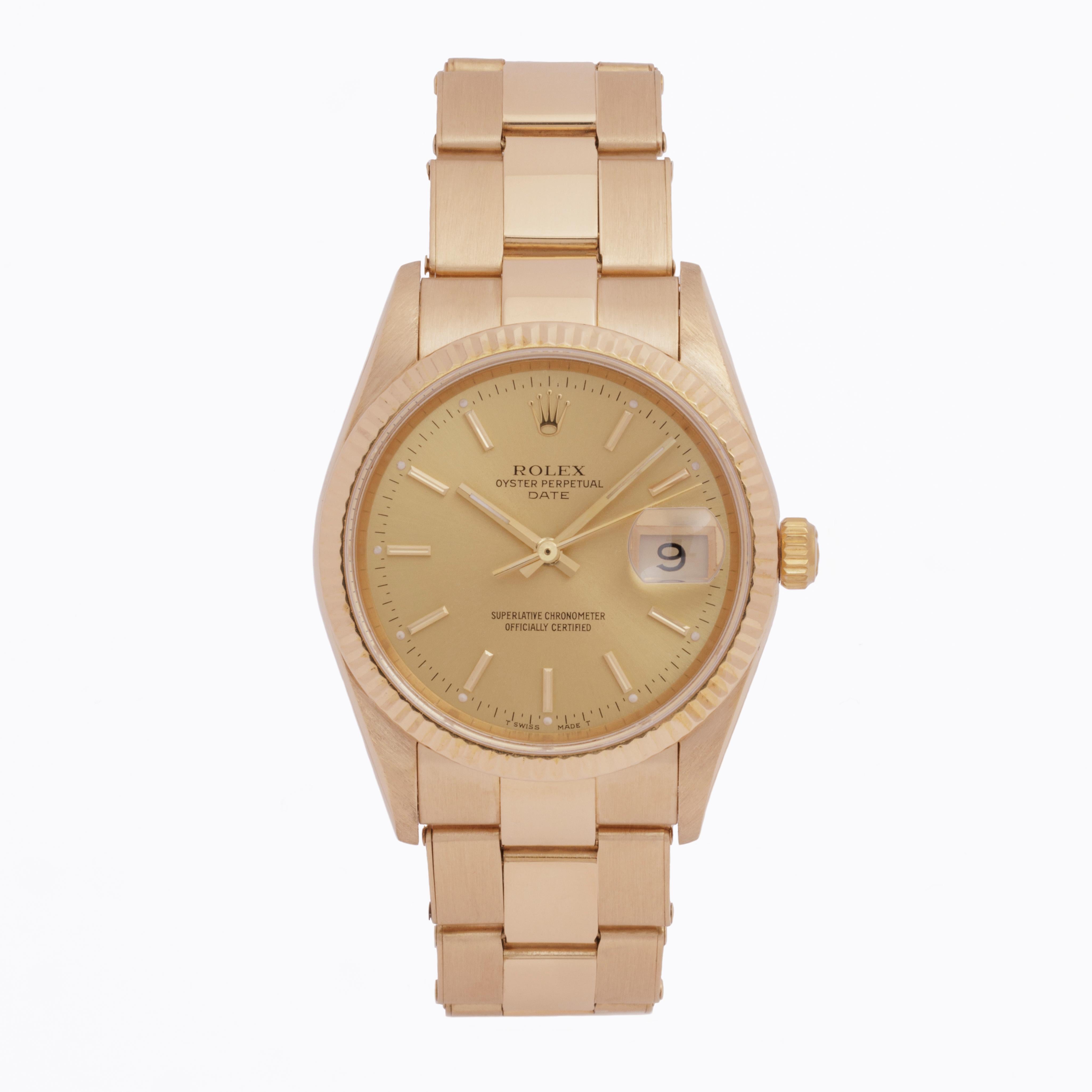1990 Rolex Date 18 Karat Yellow Gold 
Model 15238
34mm Dial
Made in Switzerland
c.1990

Stephanie Windsor guarantees the proper functioning of this watch mechanism for ONE year from the purchase date. Our watches are guaranteed to be of the period,