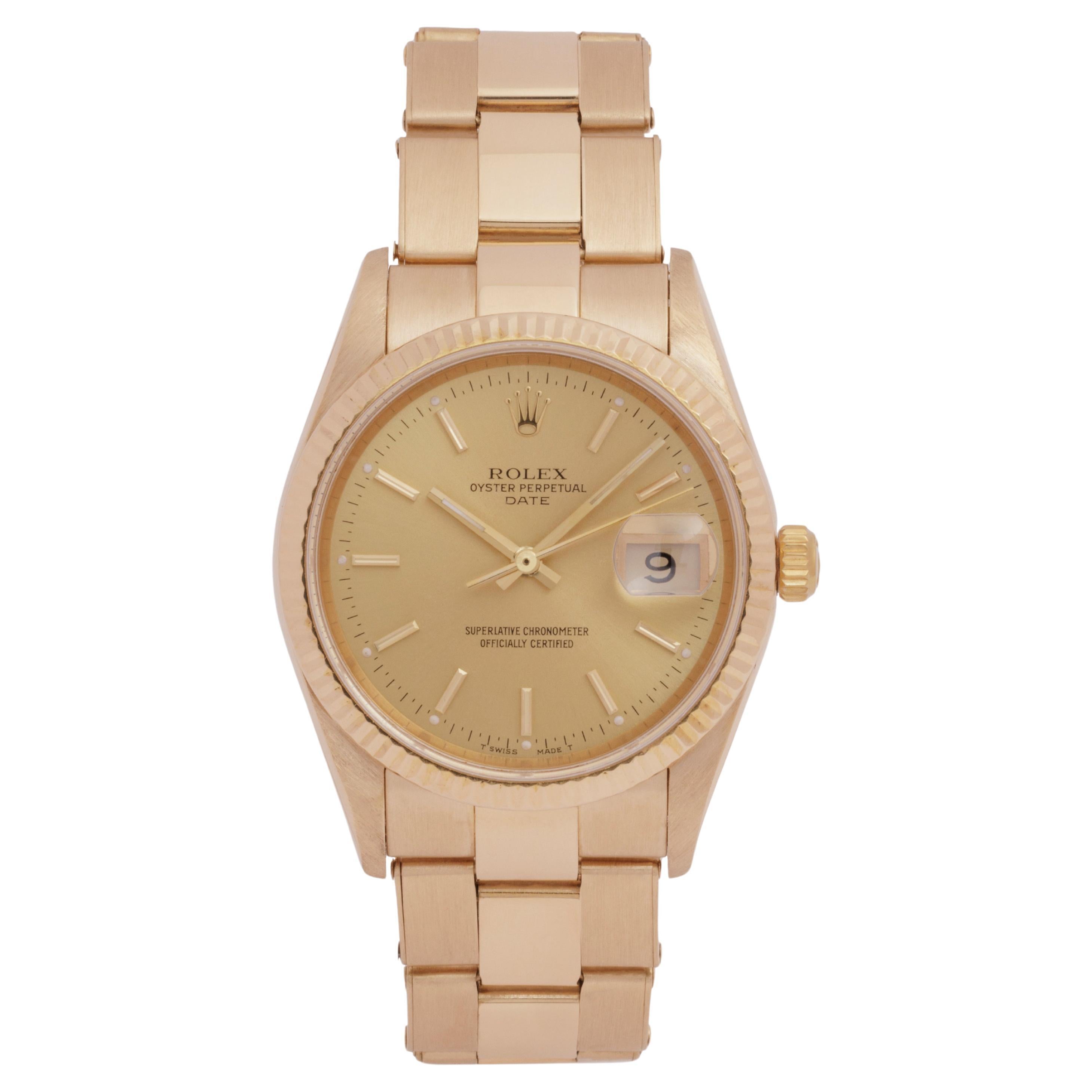 1990 Rolex Date 18 Karat Yellow Gold Model 15238 34mm For Sale