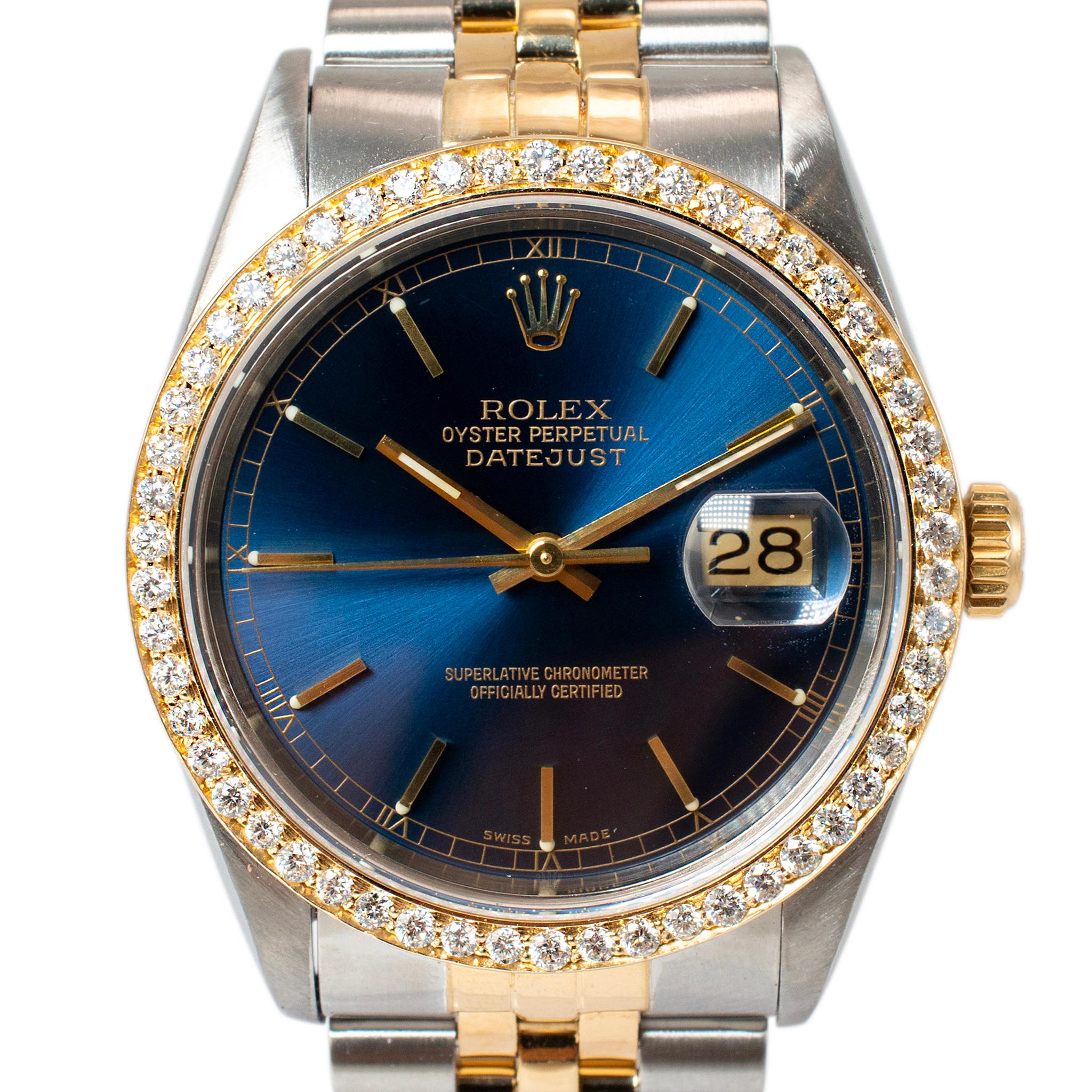 Brand: Rolex

Gender: Unisex

Metal Type: 18K Yellow Gold & Stainless Steel

Diameter:  36.00 mm

Weight: 96.59 Grams

18K Yellow Gold and Stainless Steel, diamond ROLEX Swiss made watch. The metals were tested and determined to be 18K yellow gold
