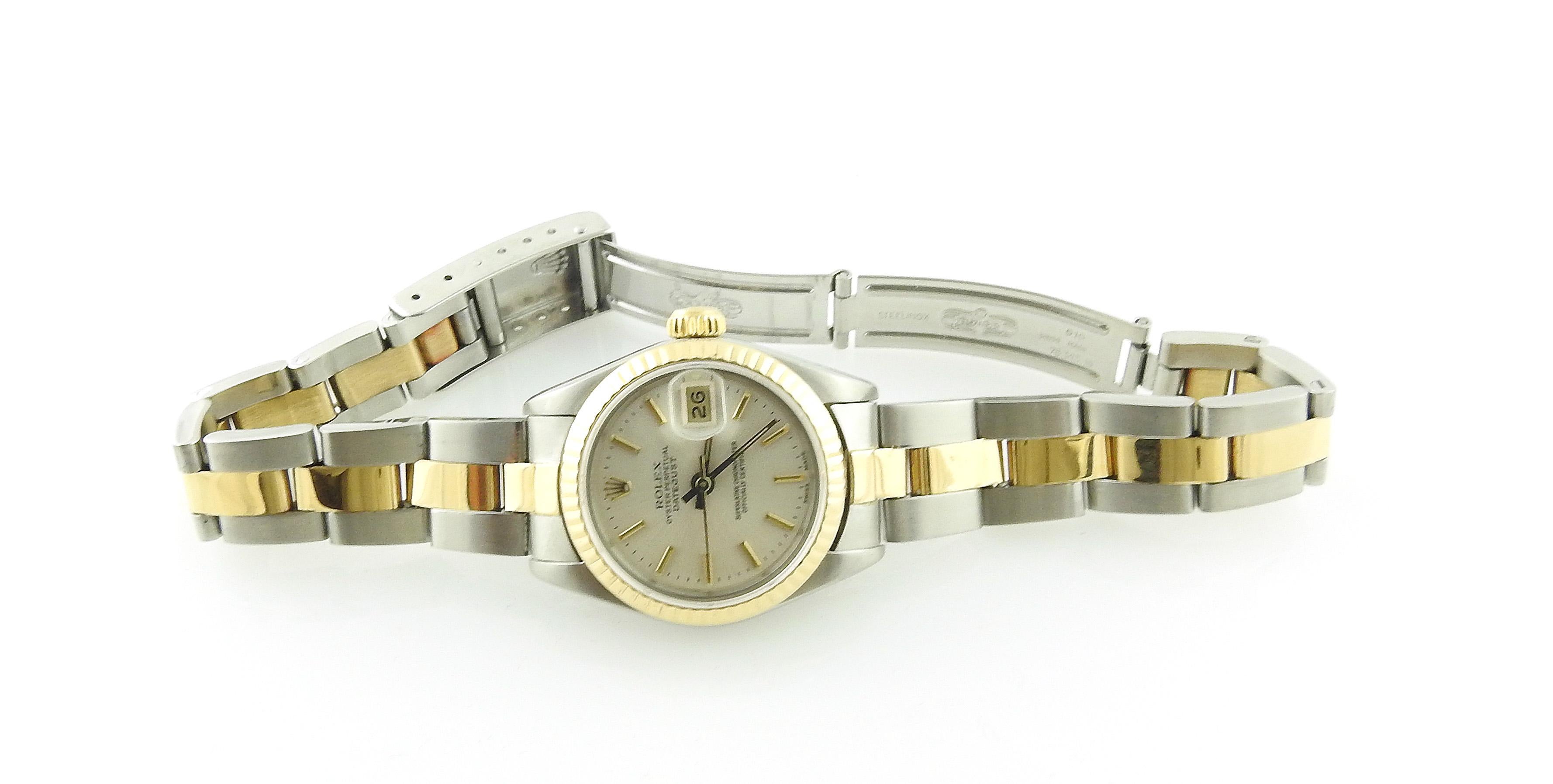1990 Rolex Ladies Datejust Tow Tone Watch Silver Dial 69173 Box, Papers, Tag In Good Condition In Washington Depot, CT